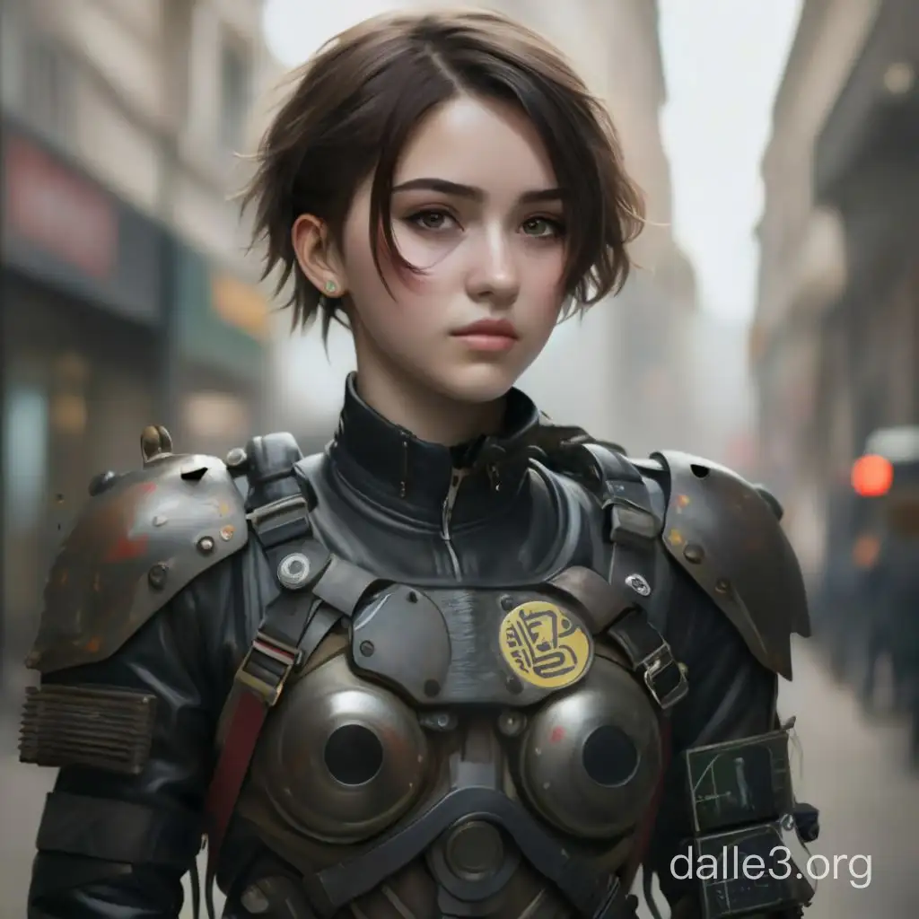 short bl8bde haired 18 year old Ukrainian woman, in a worn, figure hugging black motorcle outfit, and battered and worn cyber punk white metal motor cycle armour. with battered and worn olive green cyberpunk chest plate, with welsh flag. detailed face, detailed eyes, filmed 8k at golden hour in a busy japanese street.