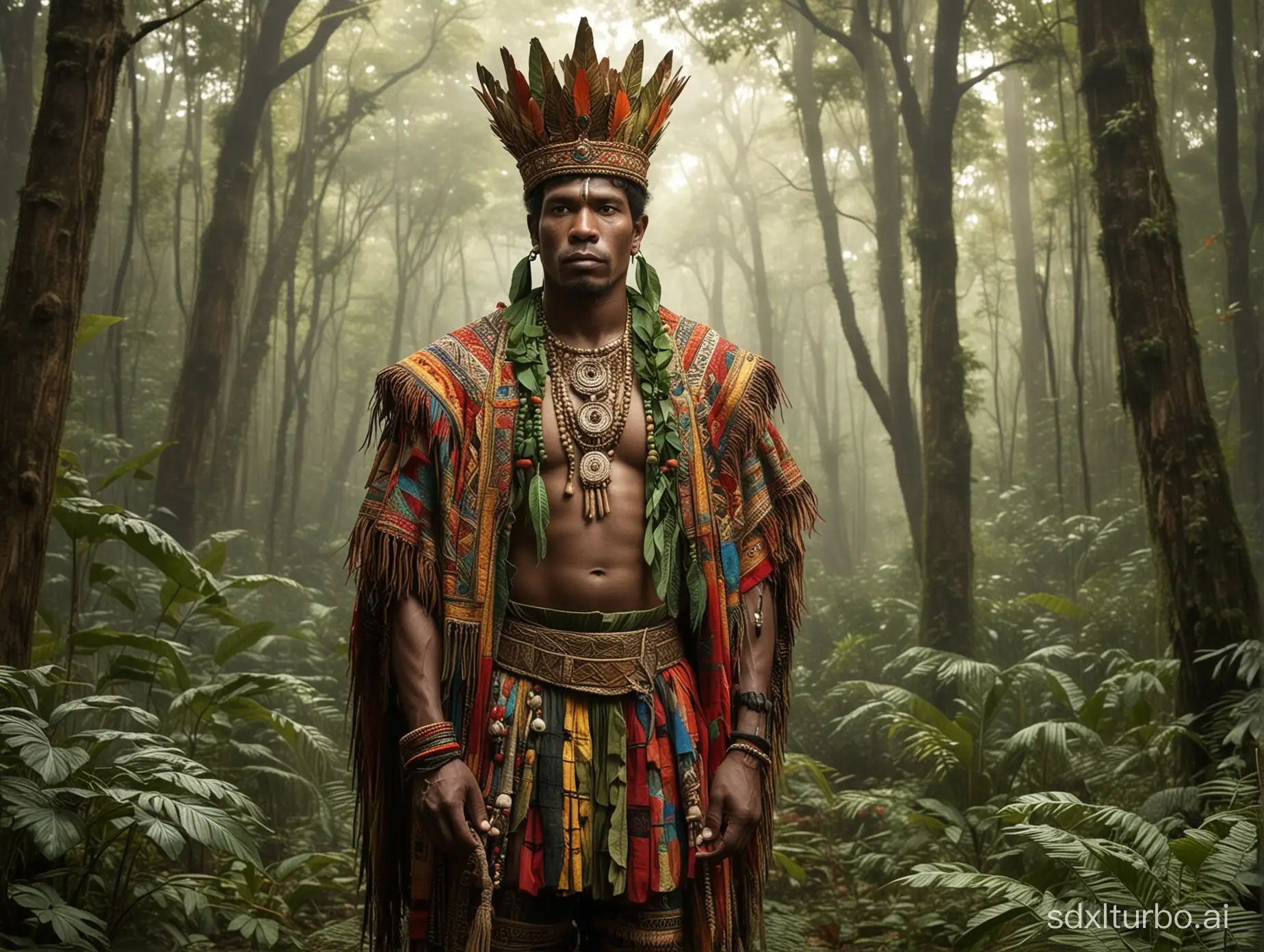 A captivating illustration of a Quilombola king, Malunguinho, standing tall as the guardian of the forests and the catimbó of jurema. He is adorned in traditional Quilombola attire, with a crown of leaves and a necklace made of natural elements.  The background reveals lush, enchanted forests with animals and spirits blending harmoniously. The overall atmosphere of the image is mystical and respectful of the Quilombola culture and traditions XAMANICS