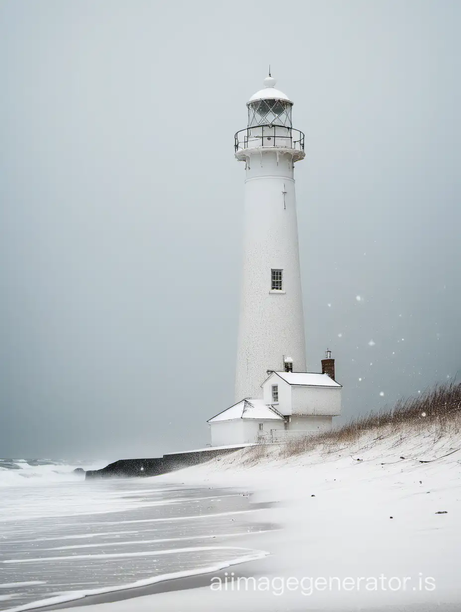 White lighthouse on a beach where white flakes are falling