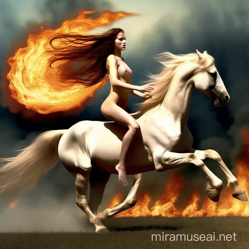 tiny very petite nude pale white beautiful Caucasian girl with very long hair on fire barefoot running full speed at a very large horse. She has long nipples shaved vagina flying Art Nouveau

