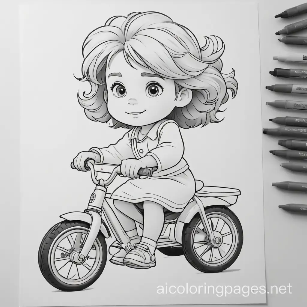 Prompt  a small girl driving tricycle , Coloring Page, black and white, line art, white background, Simplicity, Ample White Space. The background of the coloring page is plain white to make it easy for young children to color within the lines. The outlines of all the subjects are easy to distinguish, making it simple for kids to color without too much difficulty, Coloring Page, black and white, line art, white background, Simplicity, Ample White Space. The background of the coloring page is plain white to make it easy for young children to color within the lines. The outlines of all the subjects are easy to distinguish, making it simple for kids to color without too much difficulty