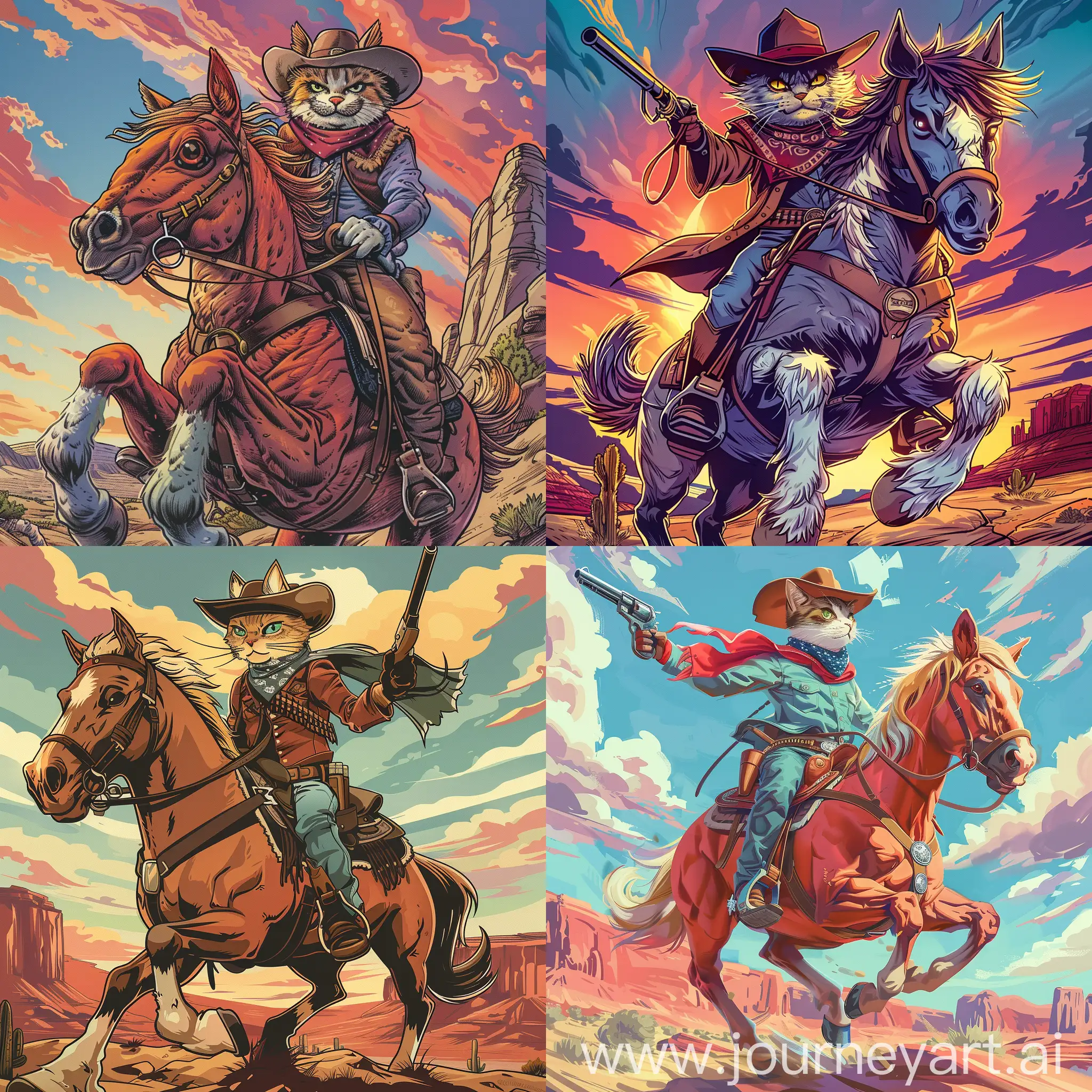 A highly stylized and whimsical illustration of a cowboy cat riding a majestic horse, inspired by vintage Western movie posters, vibrant colors, cartoonish style, comic book aesthetic, detailed fur textures, exaggerated poses, dynamic composition, cowboy hat and bandana, desert landscape in the background --s 150 --ar 1:1 --c 5
