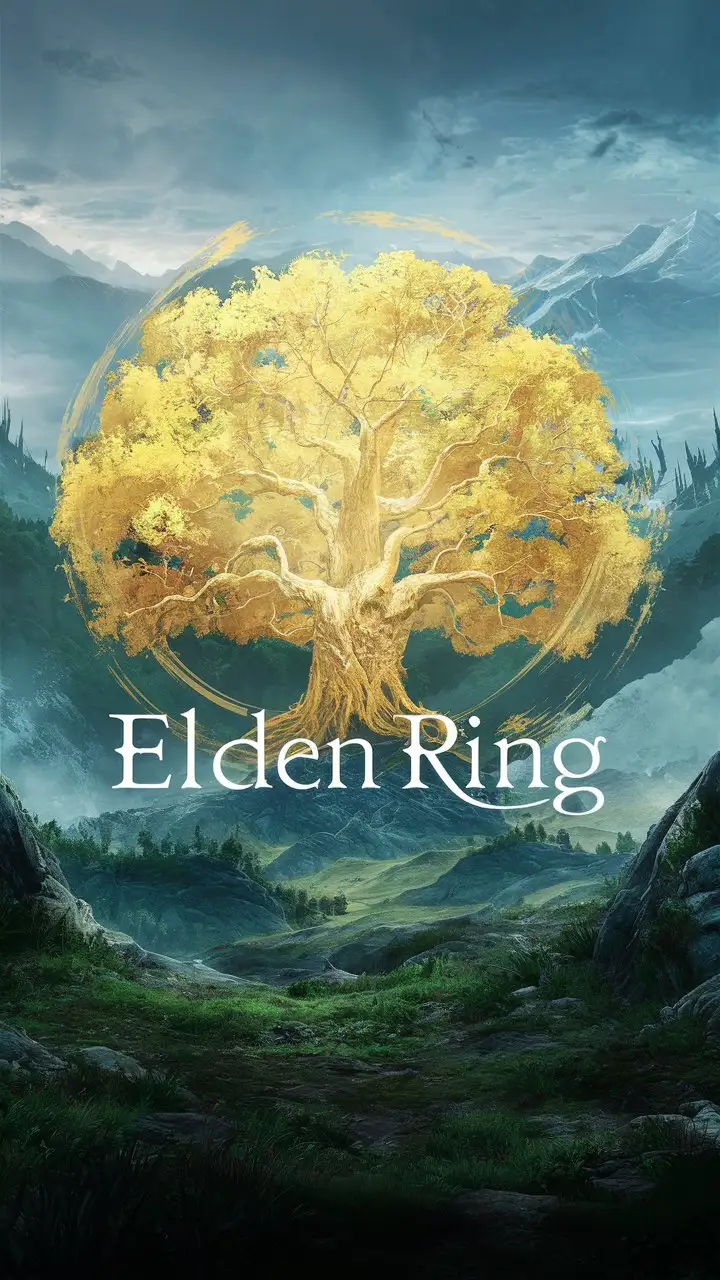 Le paysage de necrolimbe du jeu Elden ring de from software avec l'arbre-monde brillant jaune/or en arrière plan avec juste écris elden ring
