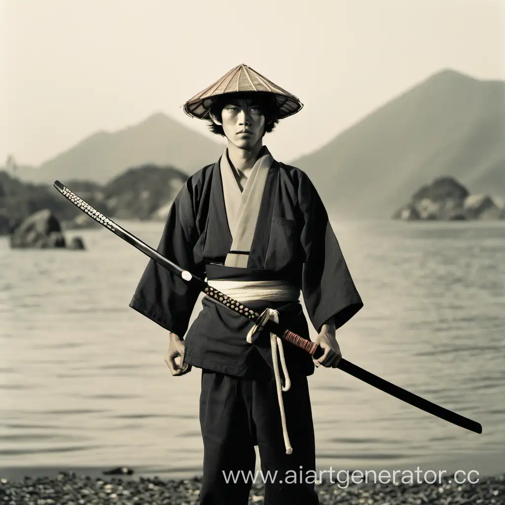 Молодой японец рыбак, с катаной в руках