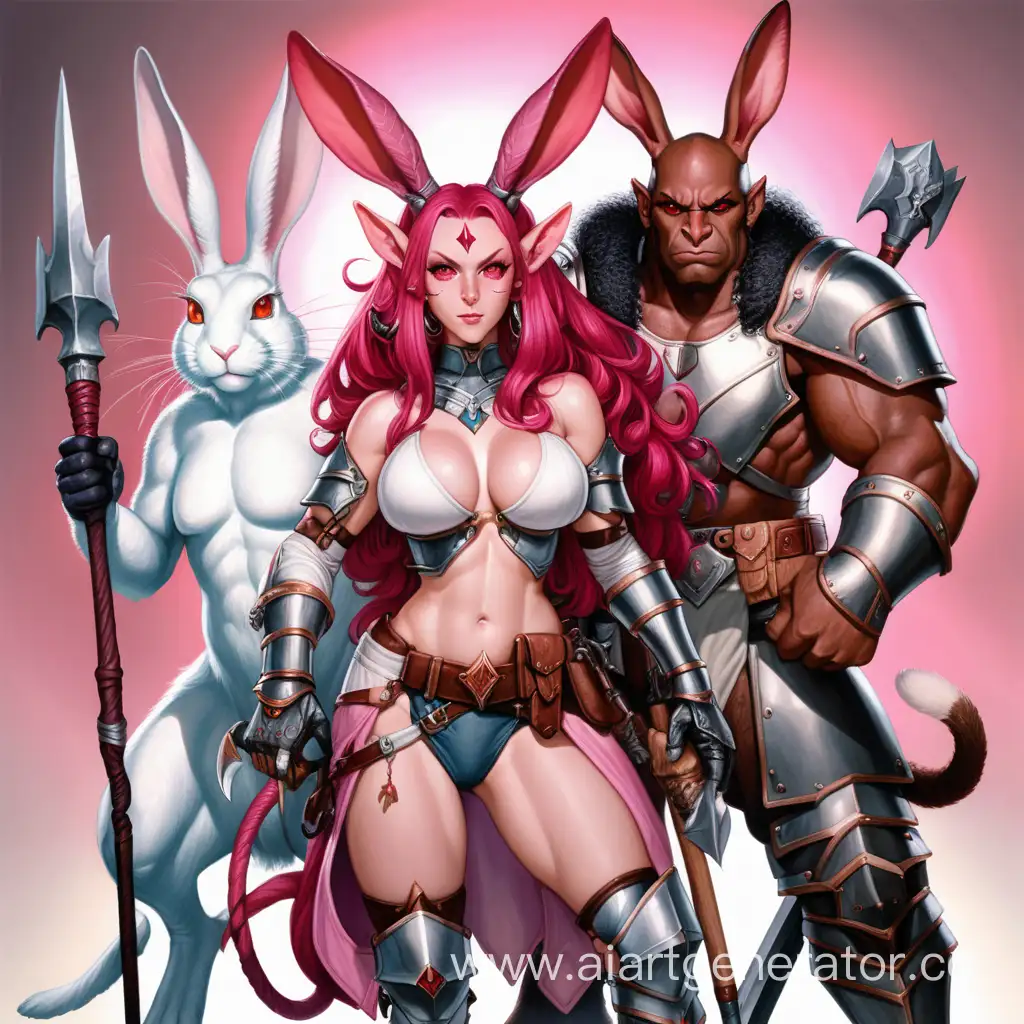 3 characters, tiefling in the middle, pink skin, red eyes, short stature, large breasts, voluminous horns, thin waist, long red hair, slightly curly, armor, magic staff. On the right is a tall white man-hare with long ears in armor. On the left is a tall big black man-cat with stealing tools