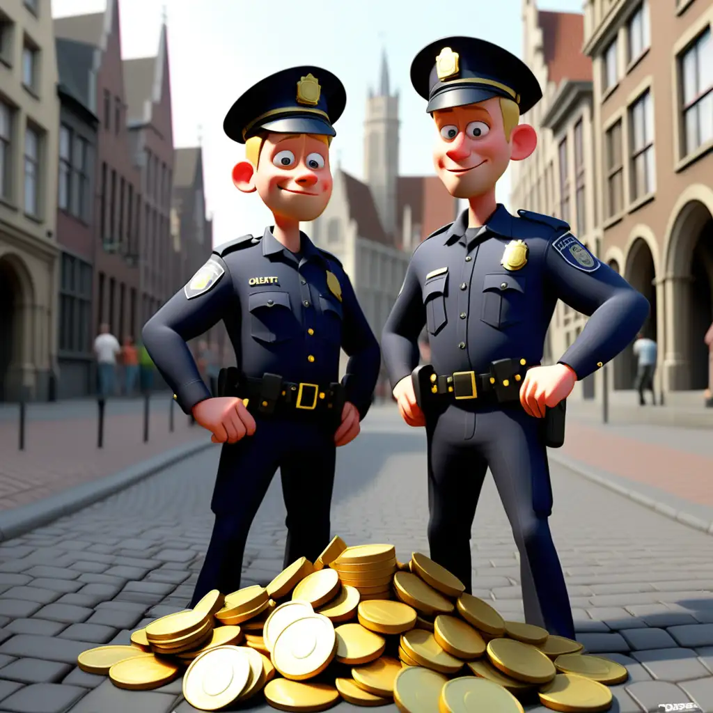 The police in Ghent took away a bag of golden coins. Disney Pixar Style.