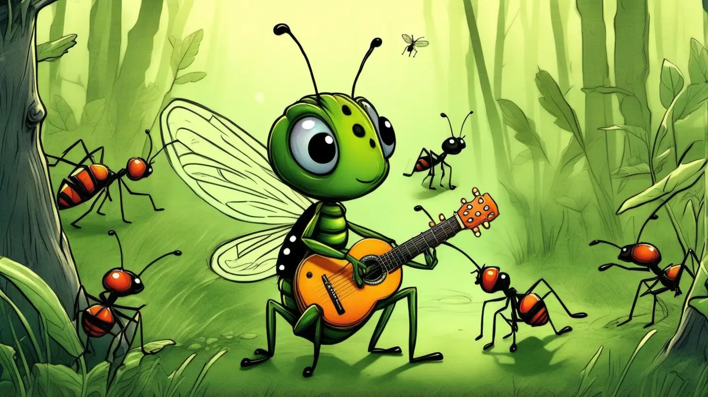 Soft children's fairy tale illustration feeling

In the background of the forest
Ants and grasshoppers are not scary, but are expressed as soft and cute characters.

The grasshopper is painted green and plays with a guitar in his hands.

The ants are black and appear to be working hard to survive the upcoming winter.