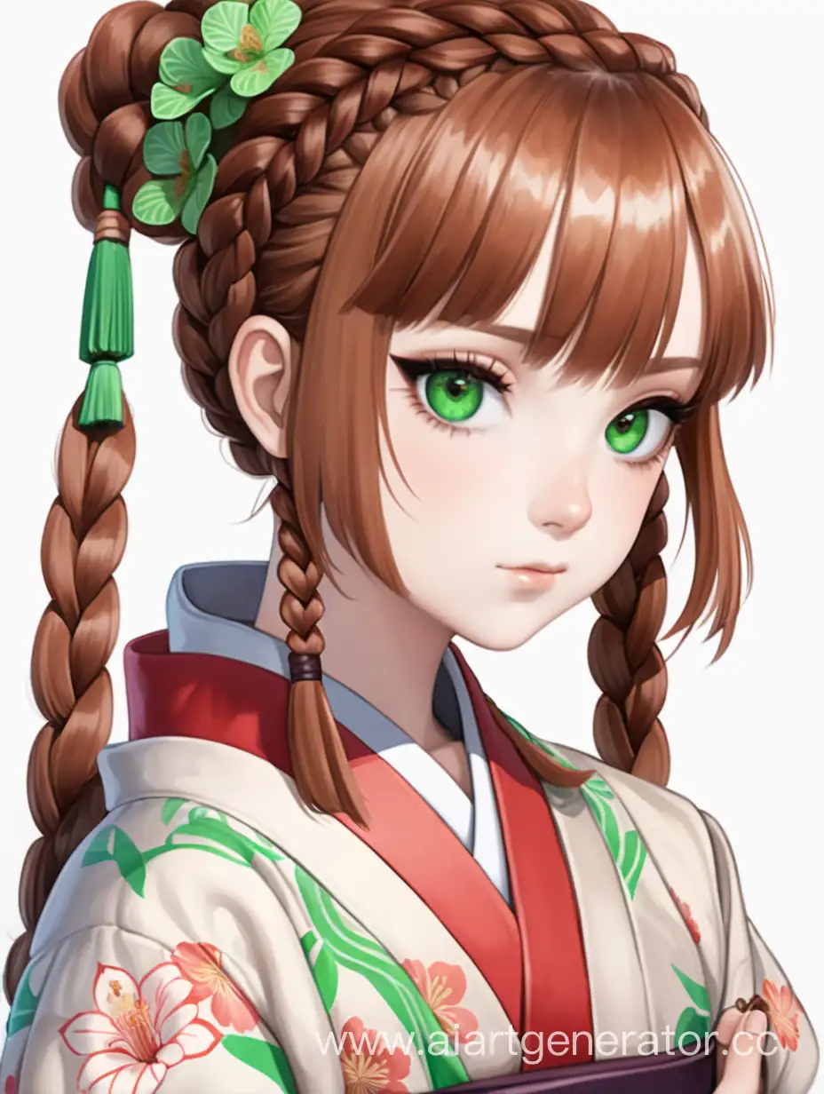 The girl in a kimono with green eyes and chestnut hair, braided in braids.