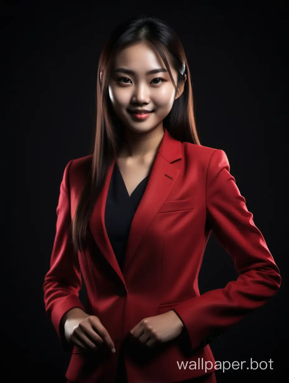 A detailed photograph of a beautiful 25 year old Asian girl with straight hair, looking directly at the camera with a gentle smile, standing straight, hands relaxed, slim face, fit looking, wearing a red business suit, detailed clothing texture, realistic skin texture, black background, sharp focus, front view, waist up shot, high contrast, strong backlighting, action film dark color lut, cinematic lut