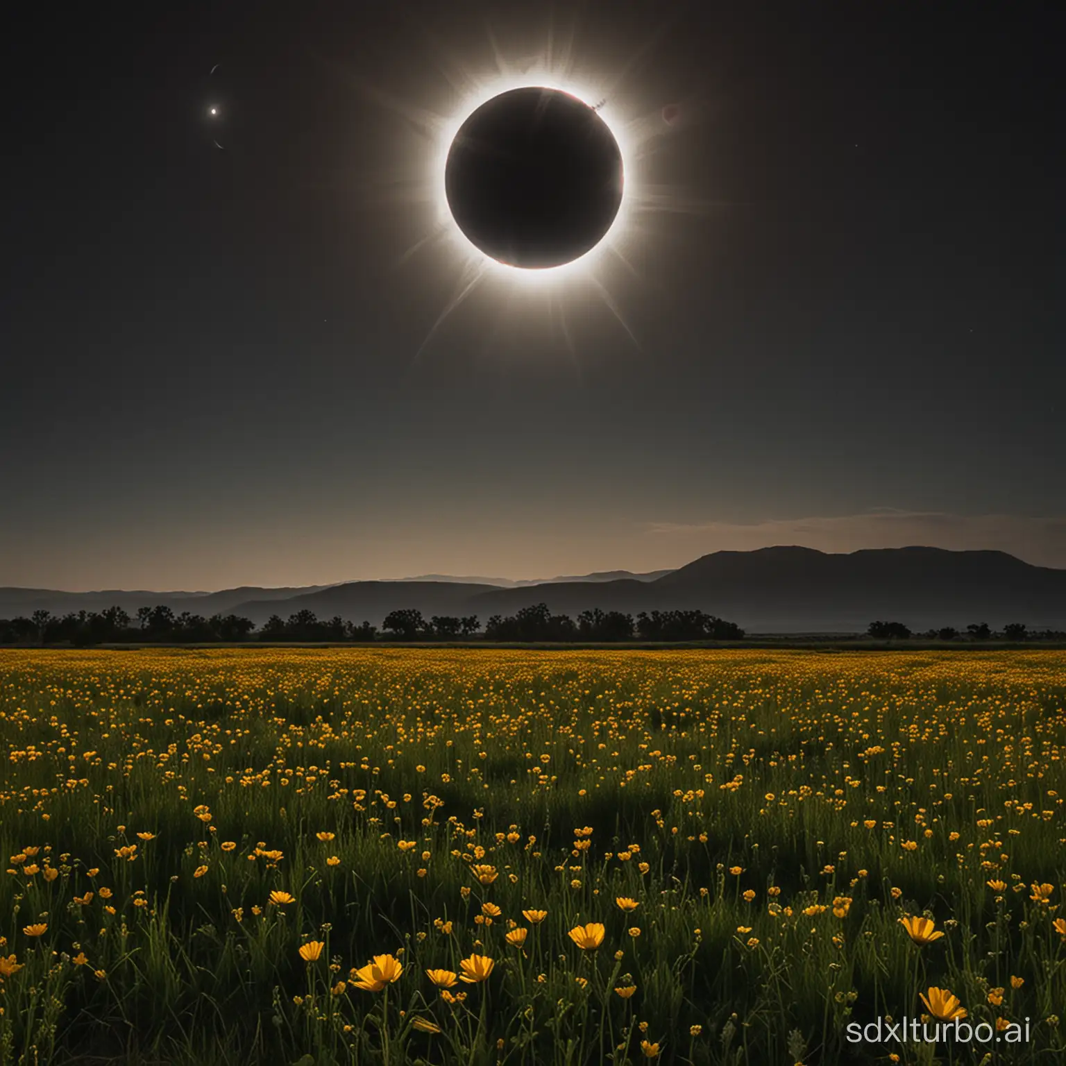 A total solar eclipse ((very large)) hangs high above the grassland filled with flowers, with the eclipse occupying about 1/4 of the scene. The grassland is bright, and the sky is dark.