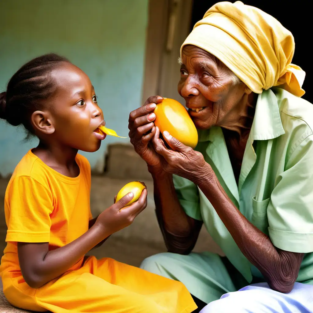 A light brown elderly Jamaican lady, with head wrapped, teaches little girl who is bright eyed to use her teeth to peel away the skin from a golden looking mango. Mango juice is on the little girl’s chin.