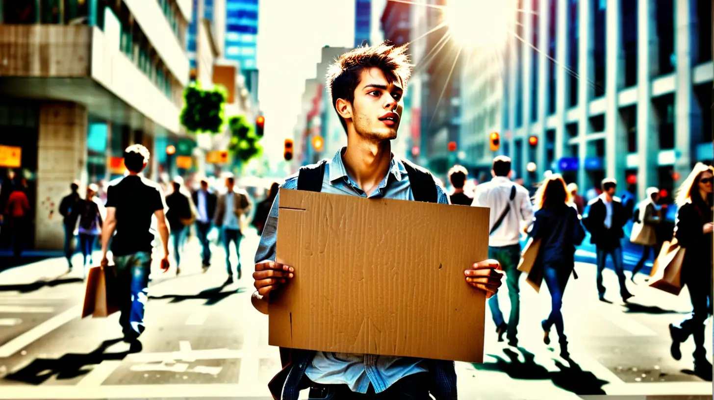 Young Man Holding Blank Cardboard Sign in Busy Urban Street Scene