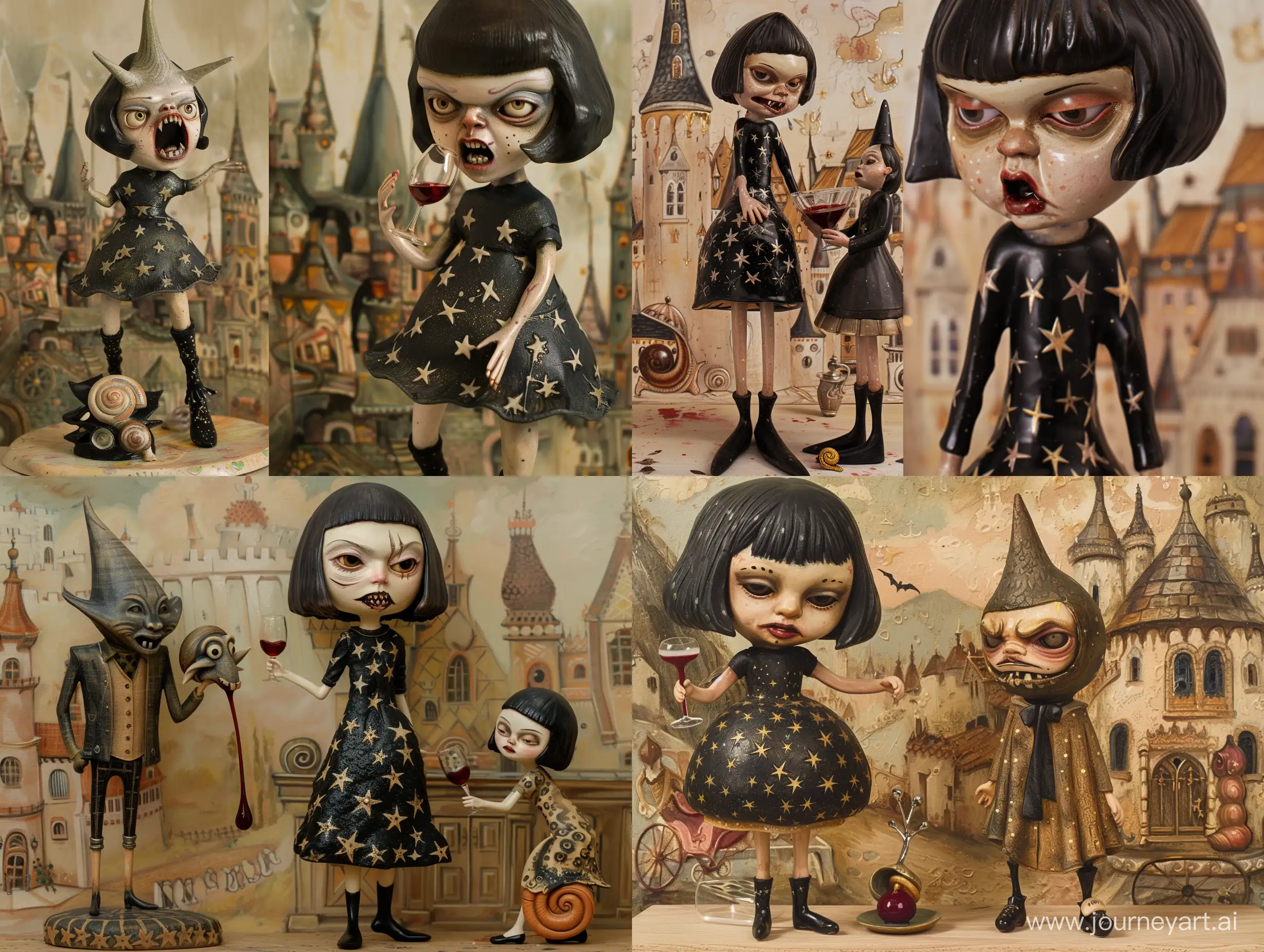 A ceramic art doll in the shape of a fairy tale. In the story, A girl wearing a black dress with a pattern of stars. She wore a bob hairstyle and black leather shoes. The girl and the snail met a vampire in an evening dress with a pointed face and sharp teeth in his mouth. The girl playfully breaks a (((machine that sucks human blood))) in a medieval kitchen where the vampire is the butler of the castle. He was so angry that he raised his buttocks and kept tapping his feet while holding the noble wine glass filled with red liquid in his hand. The vampire looked at it worriedly (((machine that sucks human blood))).The girl shows an expression that hates the world. The background is a medieval design combined with amusement park. The style is inspired by Laurel Burch and Eric Carle. The painting shows multiple views of the scene from different angles. The girl is twelve years old, with a small mouth and deep black eye bags. 8K, real