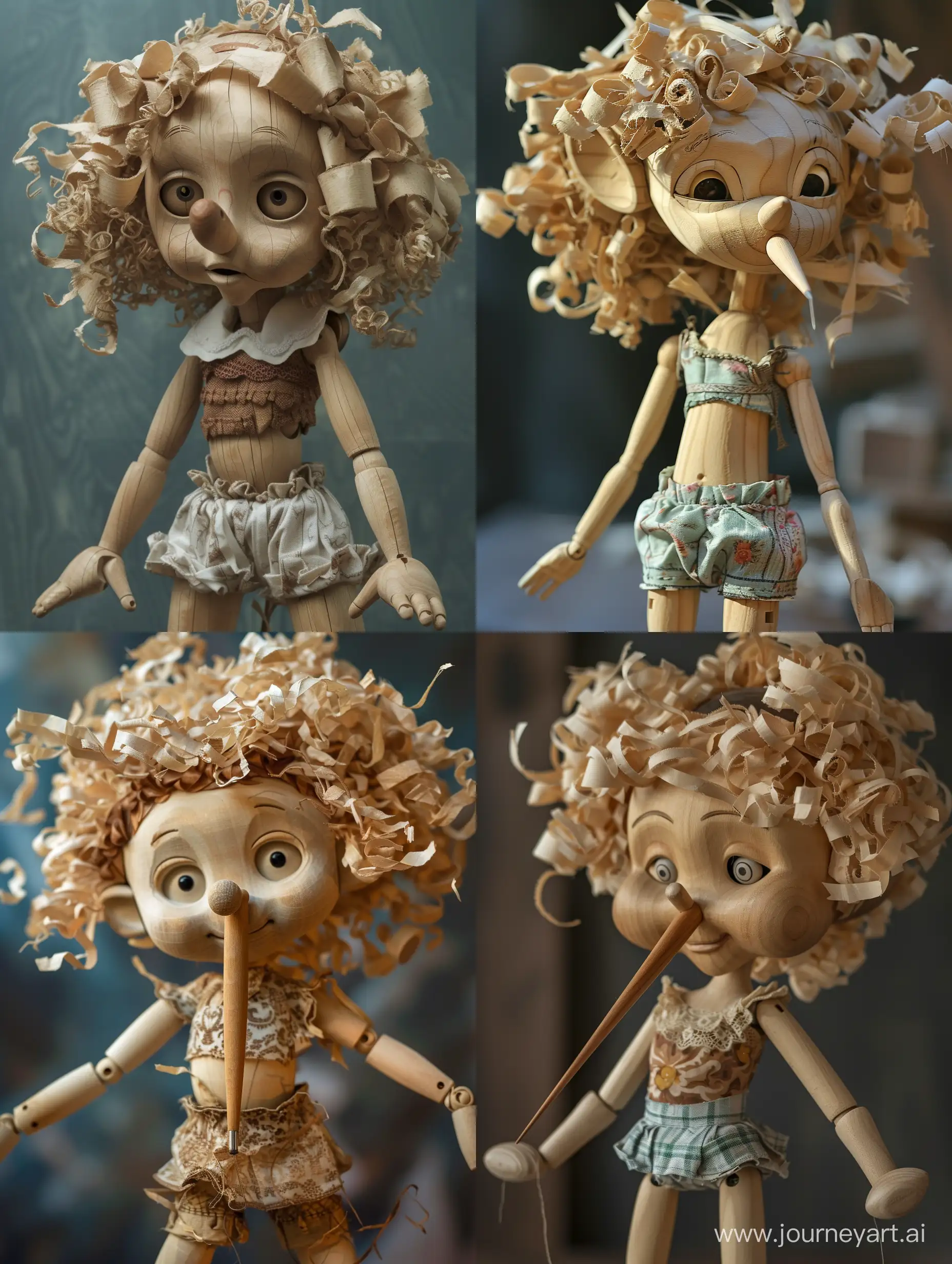 Generate Wooden Pinocchio doll by Carlo Collodi (Le avventure di Pinocchio). Pinocchio is in the character of a girl dressed in a top and shorts. Pinocchio the girl. Pinocchio girl with a very long wooden nose like Pinocchio boy. Curly hair made up of wood shavings from a planer, open eyes