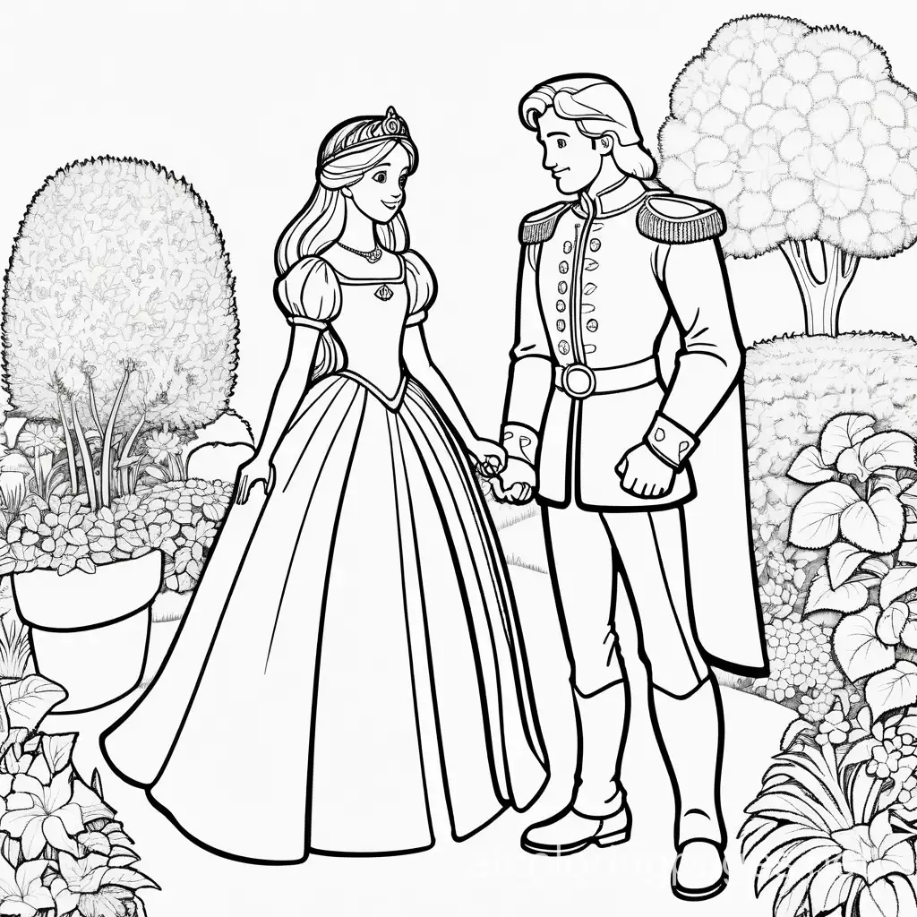 A princess and a Prince in a Garden, Coloring Page, black and white, line art, white background, Simplicity, Ample White Space. The background of the coloring page is plain white to make it easy for young children to color within the lines. The outlines of all the subjects are easy to distinguish, making it simple for kids to color without too much difficulty