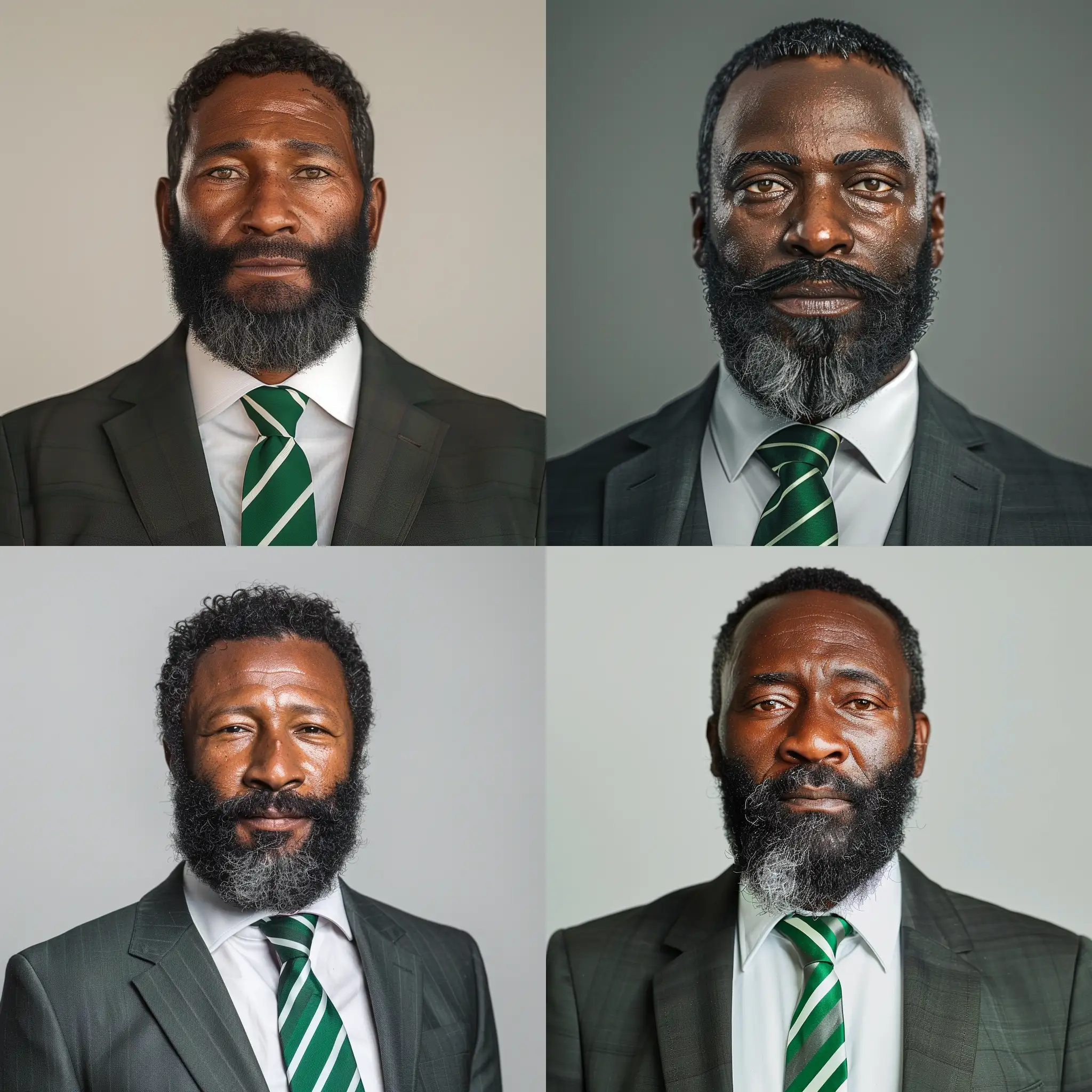 Ultra Realistic profile photo of the Chairman of football club Waltham Abbey. He is of from England, Afro/Caribbean ethnicity. Born in 1977. Well kept beard, in suit and tie. Tie is striped green and white. In the style of facepack for game football manager 22.