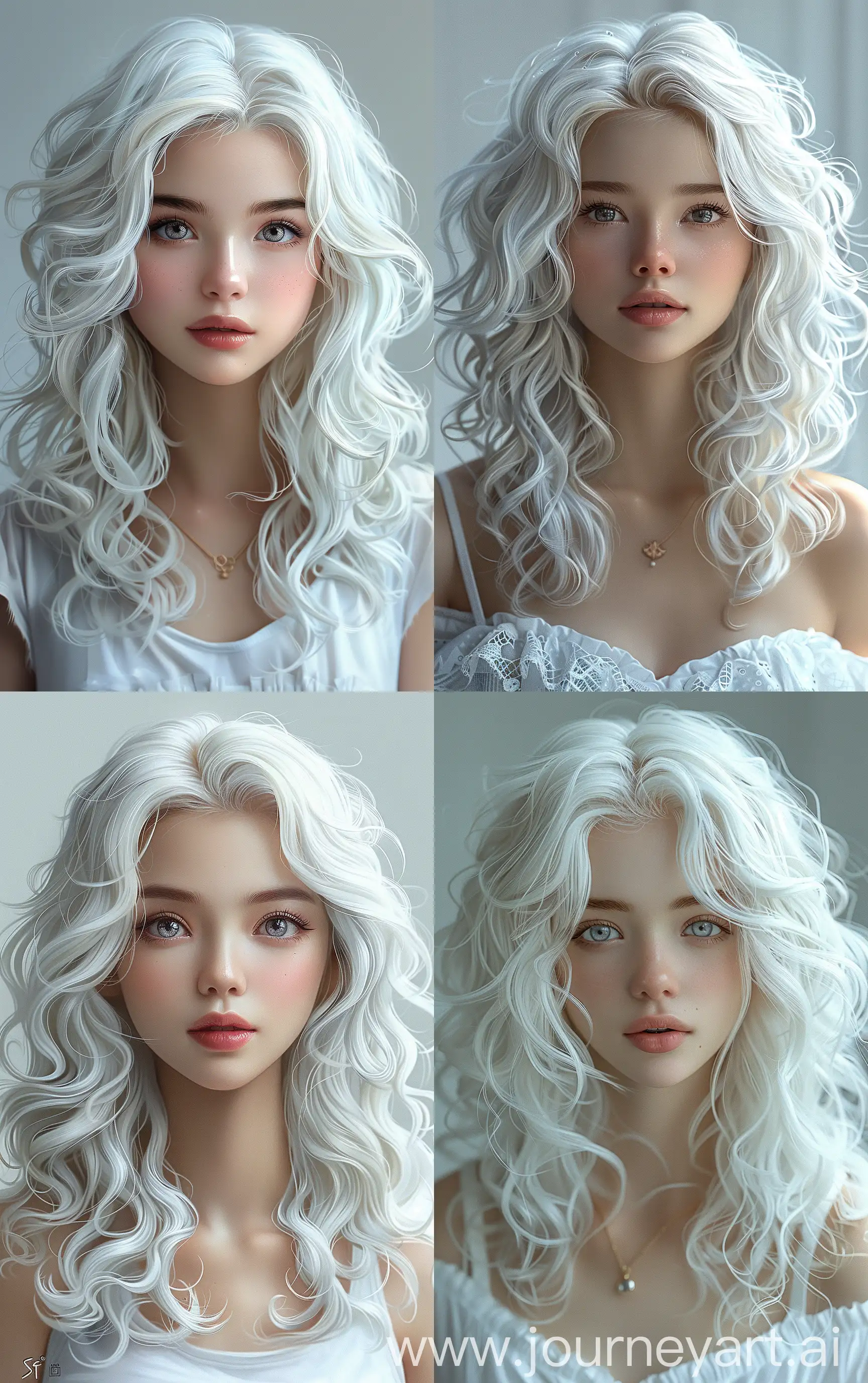 White hair, white skin, silver eyes, Indonesian girl with wavy shoulder-length white curly hair, gorgeous appearance, simple background, portrait, in the style of anime, high definition, high resolution, realistic, masterpiece, full body, digital art techniques, perfect details --ar 10:16 --stylize 750