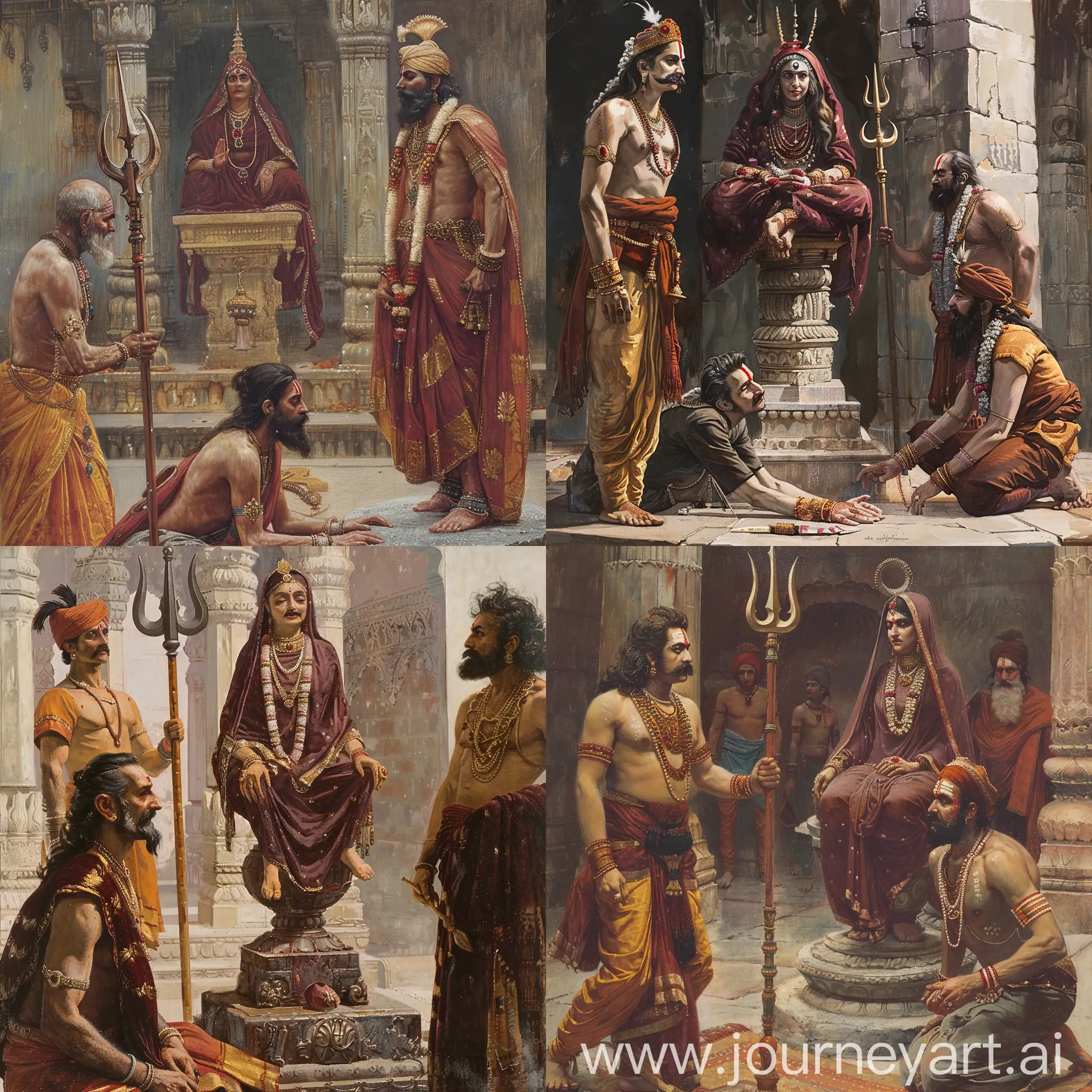 Rajput king who is young with a moustache is bowing down in front of an Indian lady saint who is wearing a maroon robe head covered sitting on a pedestal with a trident in her hand. Another rajput chieftain with a beard is standing on the side watching the king and the saint.