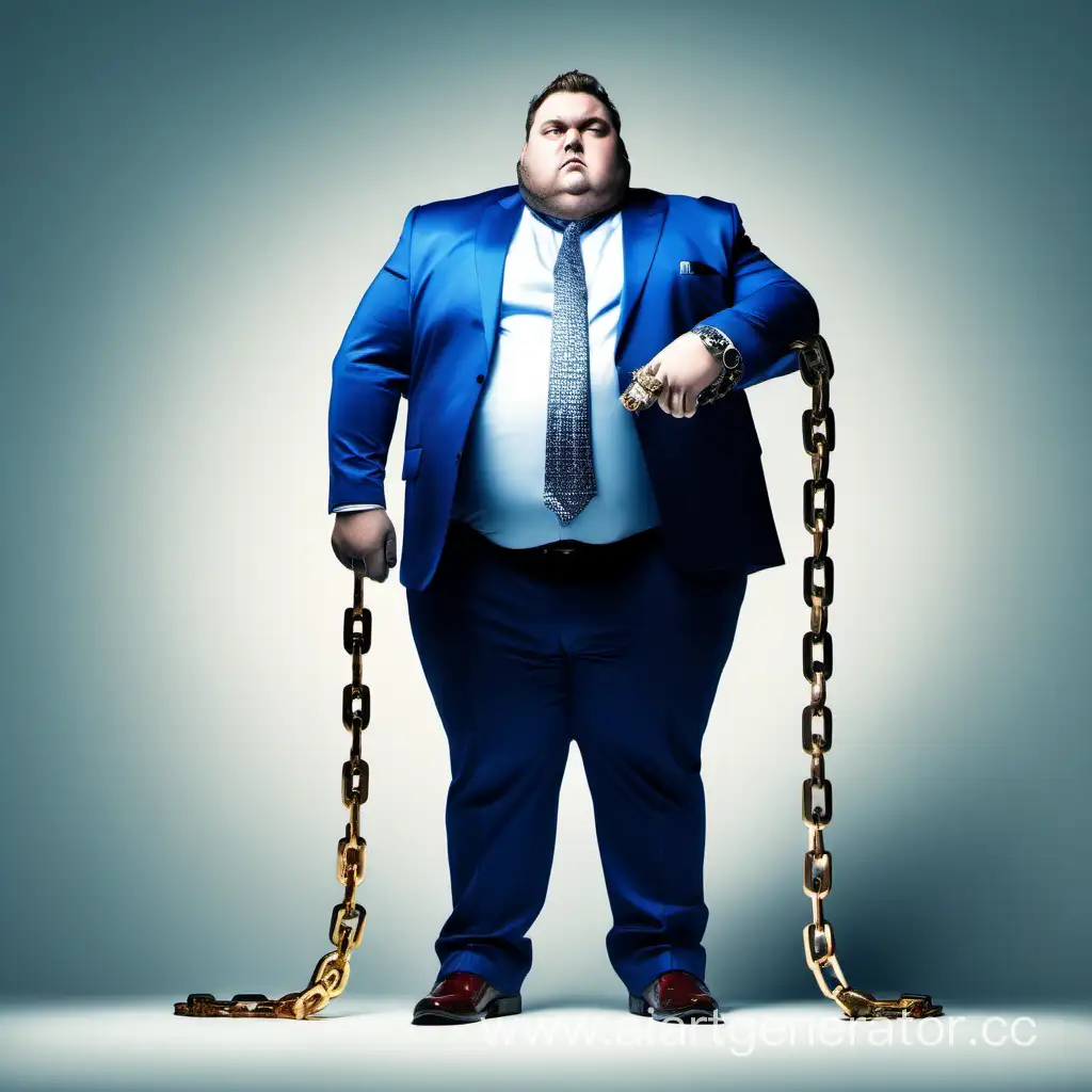 Большой толстый мужик сидит в синем костюме с часами на руках и большой цепью