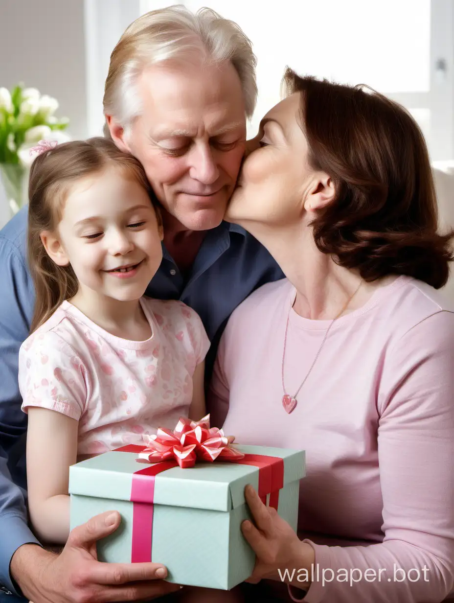 This is a real photo taken on Mother's Day. The photo shows a middle-aged woman and his daughter, both white Americans. The man is holding a gift box that was given to him by his daughter, and his daughter is The Cheek Kiss. The whole picture presents a warm scene.
Caucasian