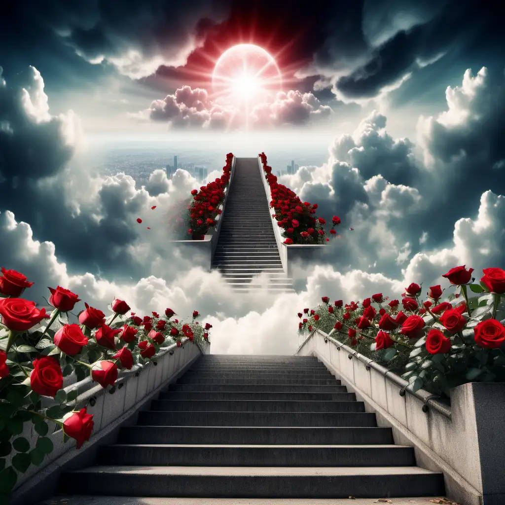 Celestial Staircase Surrounded by Red Roses in a Heavenly Cityscape