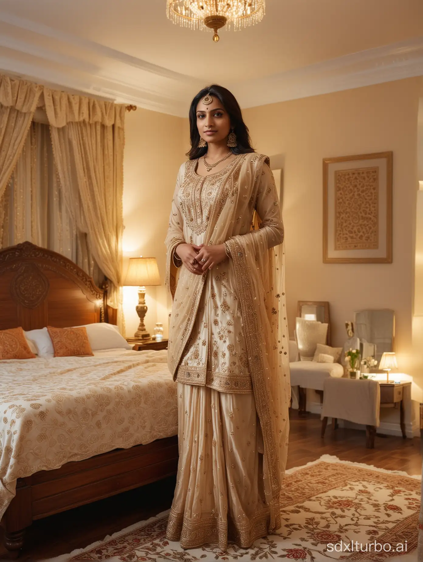 Indian woman in neutral embroidered party wear standing in her bedroom which is furnished in traditional Indian style, room brightly lit, emulate Nikon D6 shot, wide angle shot, soft warm lighting, photorealistic