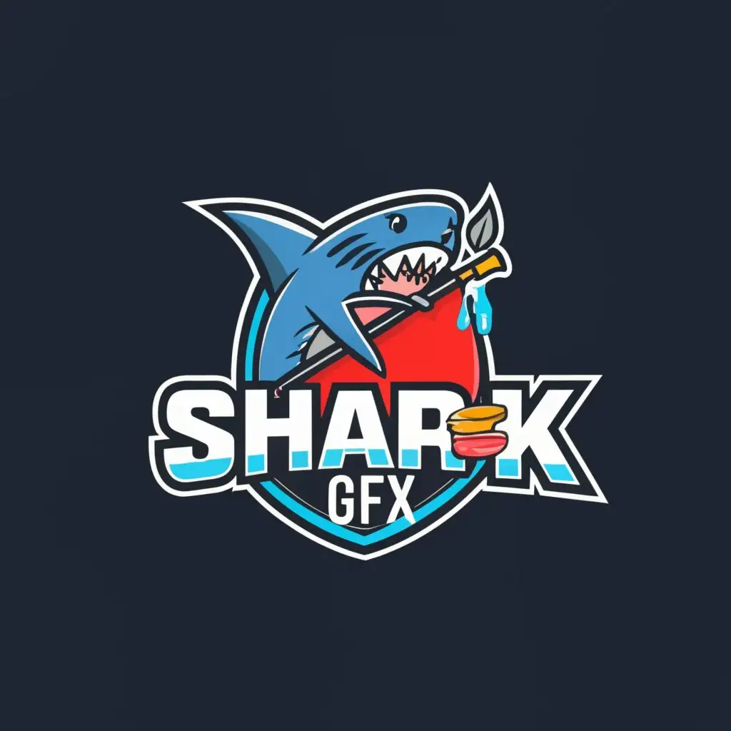 a logo design,with the text "Shark gfx", main symbol:a shark with paint brush trying to make a boat,Moderate,clear background