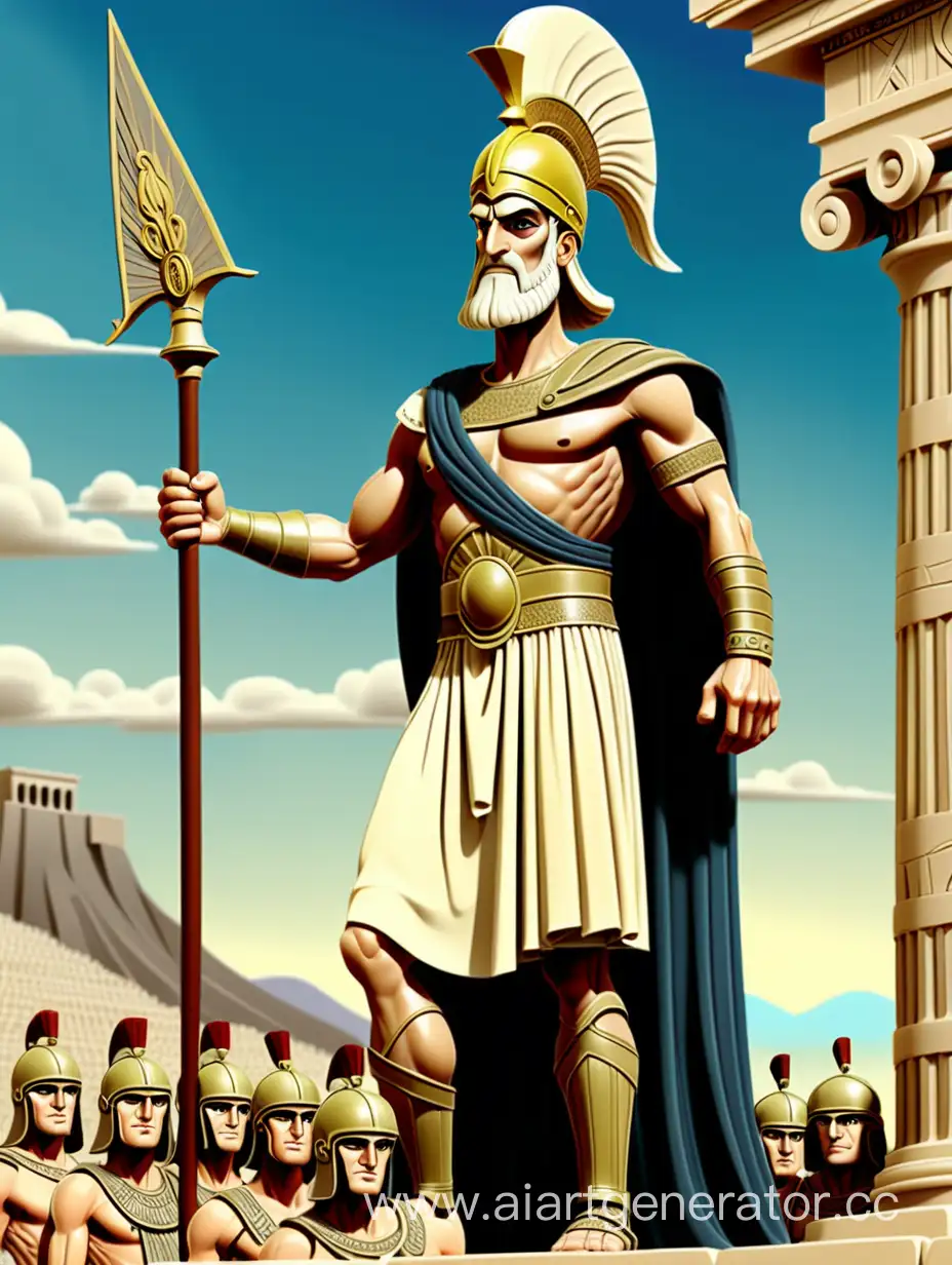 Ксеркс - персидский завоеватель Древней Греции (480 г. до н.э.) Мультяшная картинка для детей. Ксеркс - военачальник, мужественный лидер, ведет войско