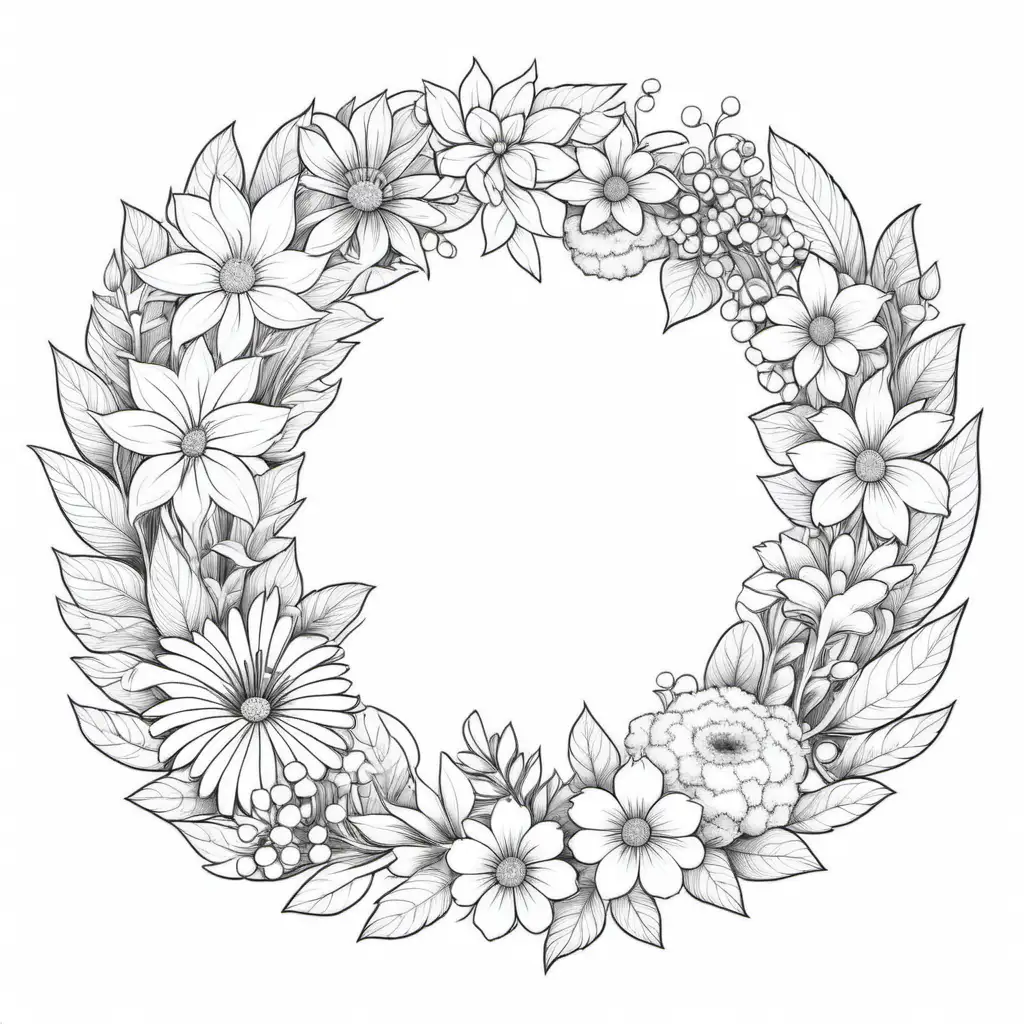 coloring book page, black and white, flower wreath
