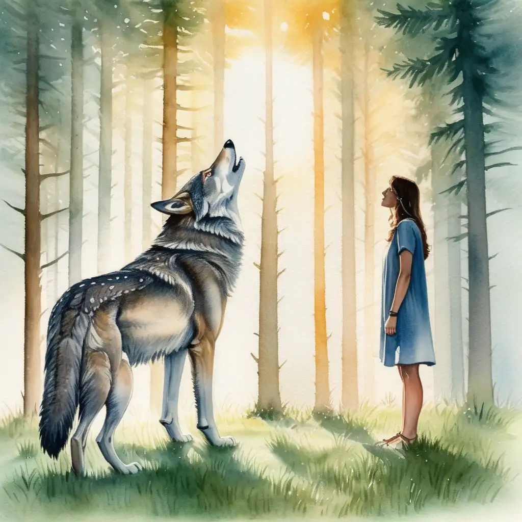 kvinna möter varg
 ansikte mot ansikte i skogsdunge när solen går upp , dagg i gräset ,i vattenfärg