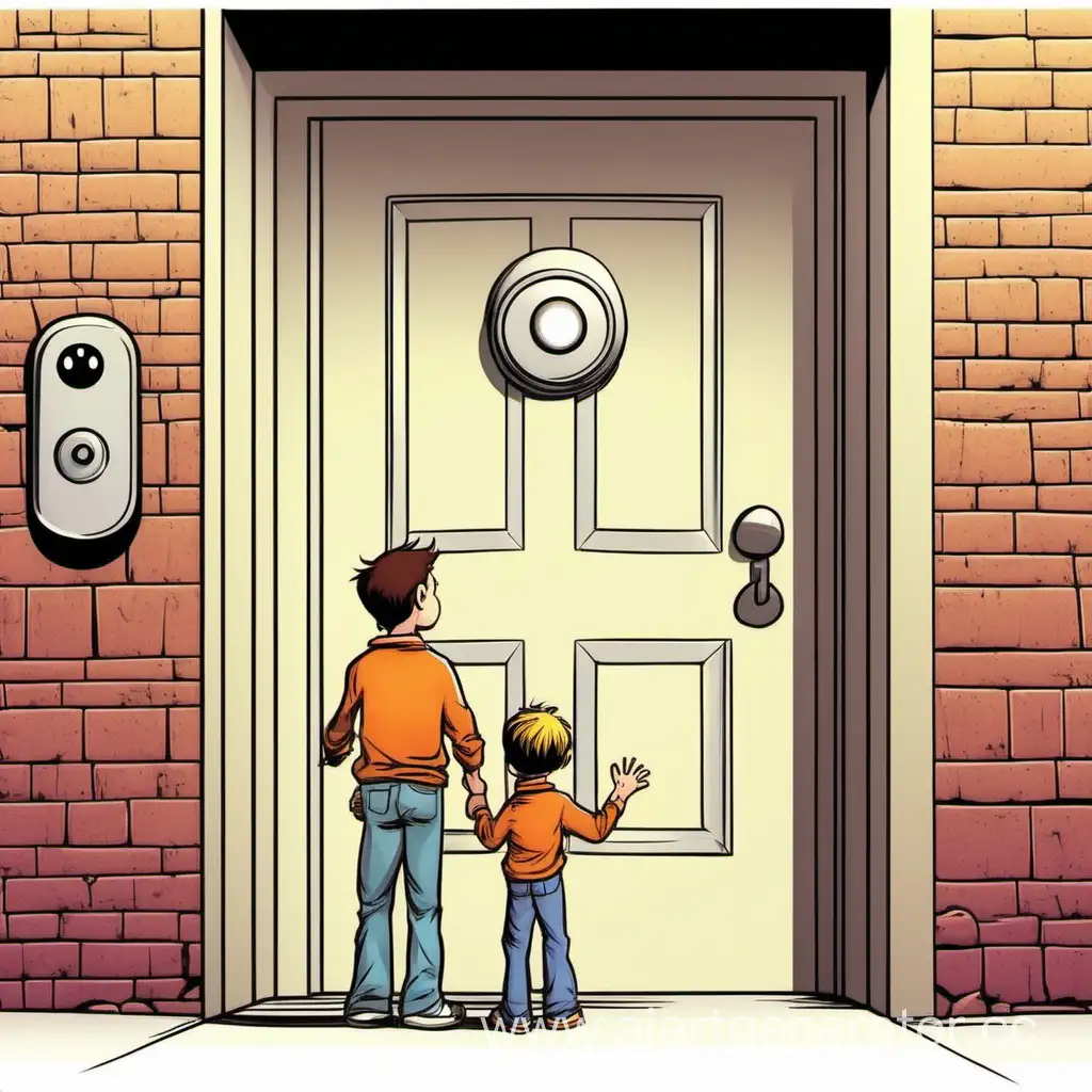 father and son in front of a magic SF door with one button, funny image, cartoon style