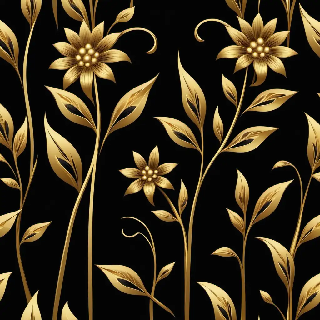 gold stylized flower stalks with leaves.  black background.