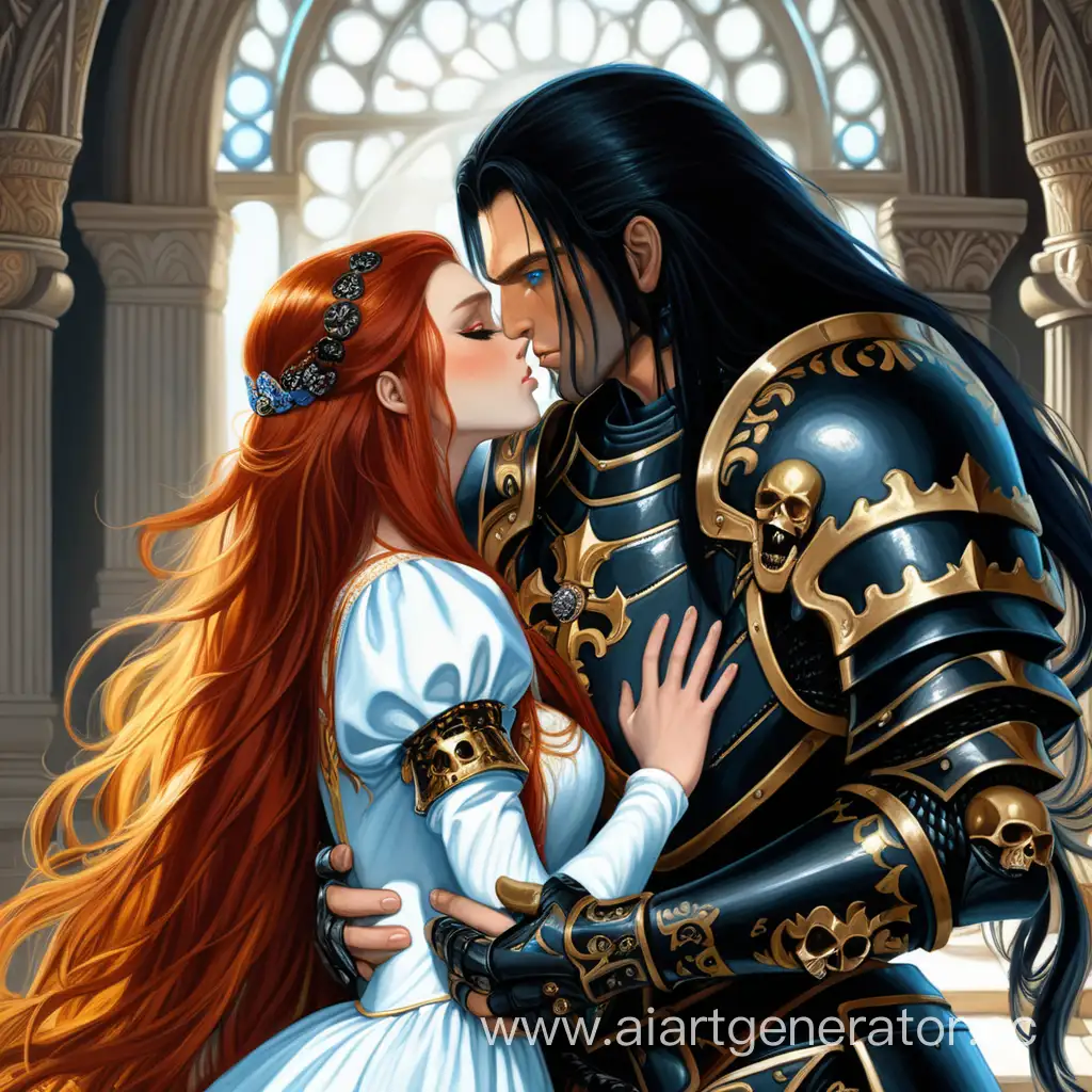 Лорд с длинными чёрными волосами и голубыми глазами, в чёрных доспехах с золотыми черепами, целует жену с длинными ярко-красными волосами и янтарными глазами, в белом платье