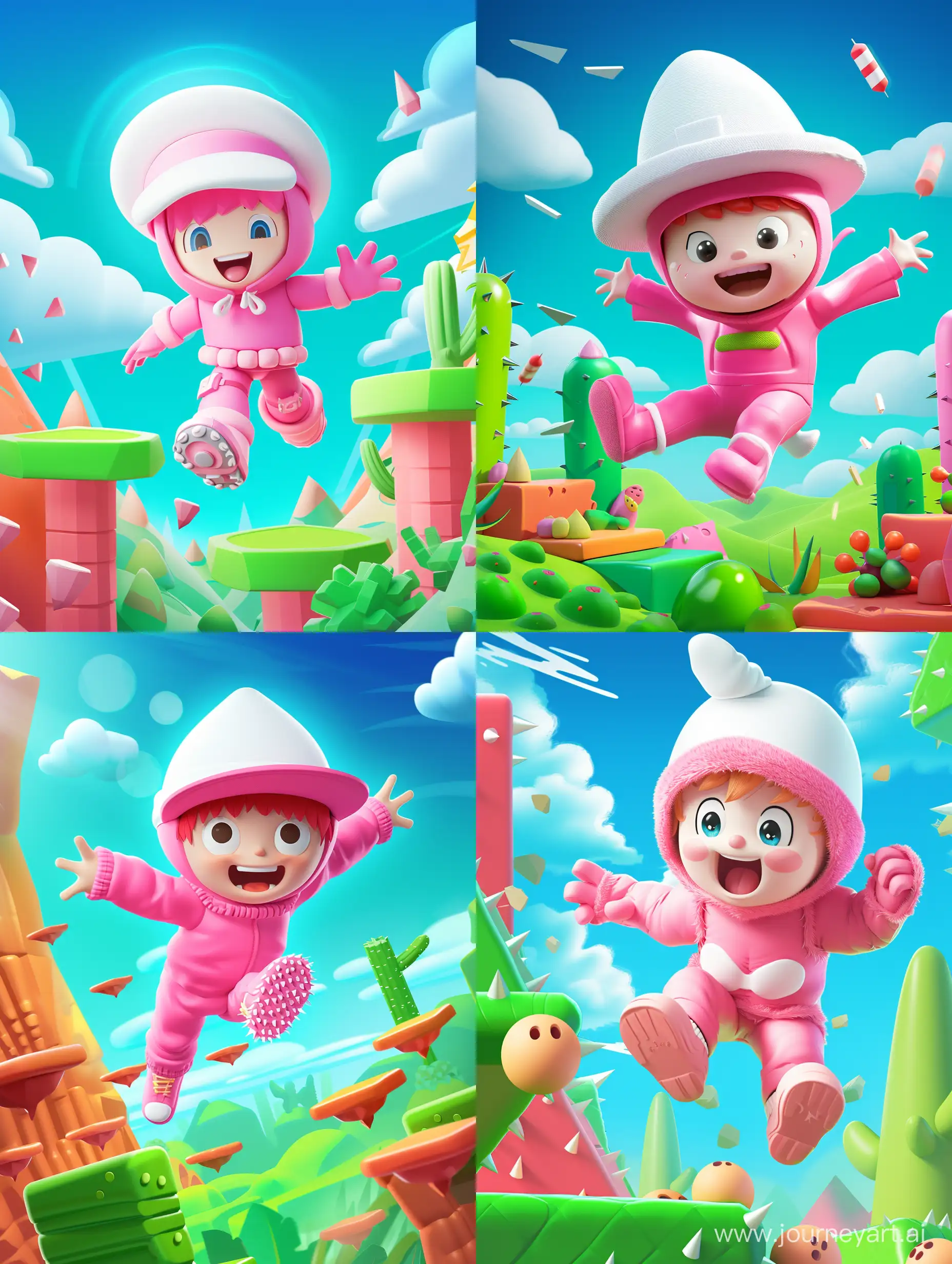 2d, розовый мальчик, платформы, прыгать, весело, препядствия, белая шапка, розовый костюм, финиш, зеленый фон, шипы, синее небо, облака