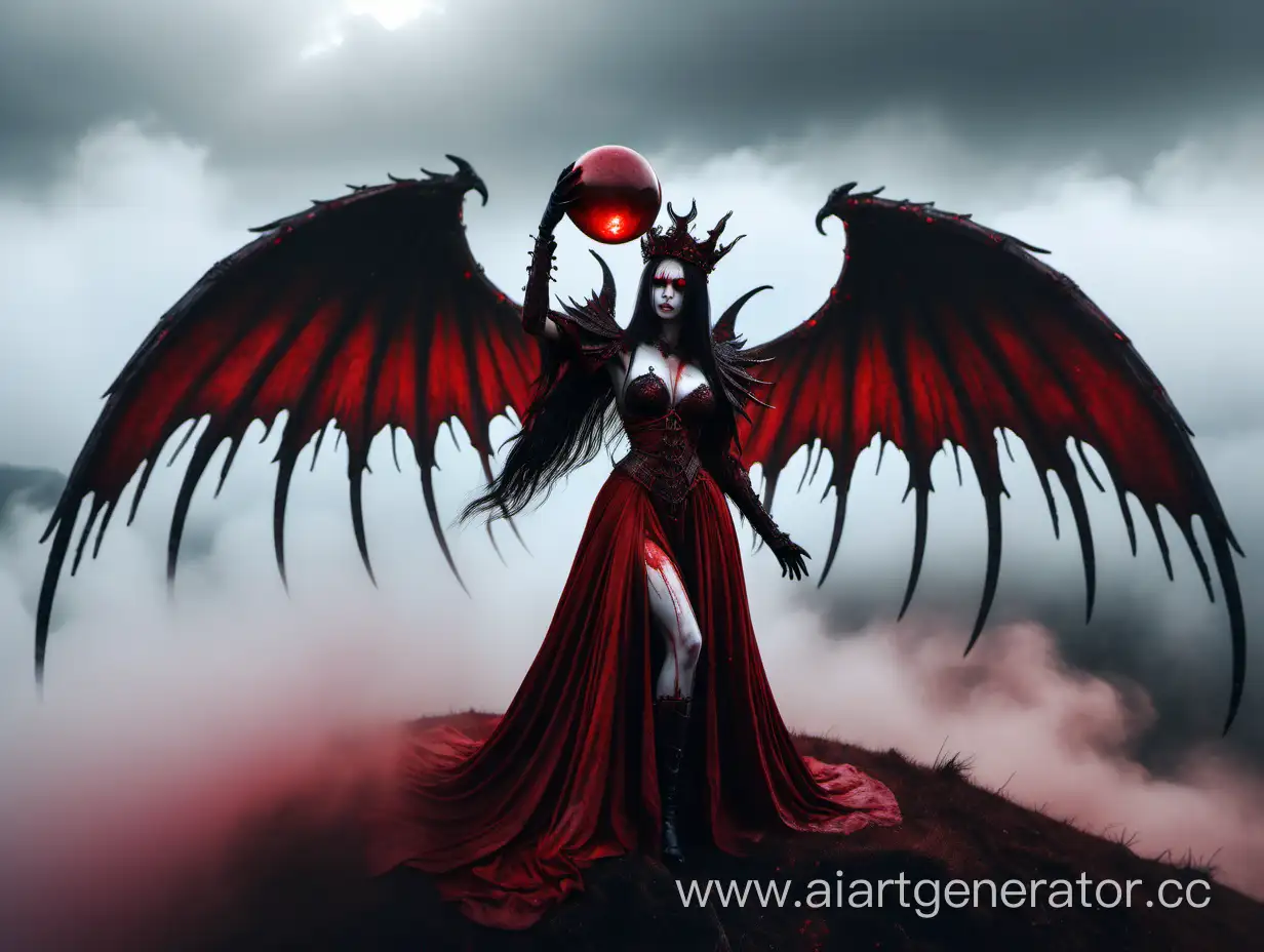 Кровавая королева, крылья демонов на спине, в руках держит алую сферу, стоит на холме, задний план туман.