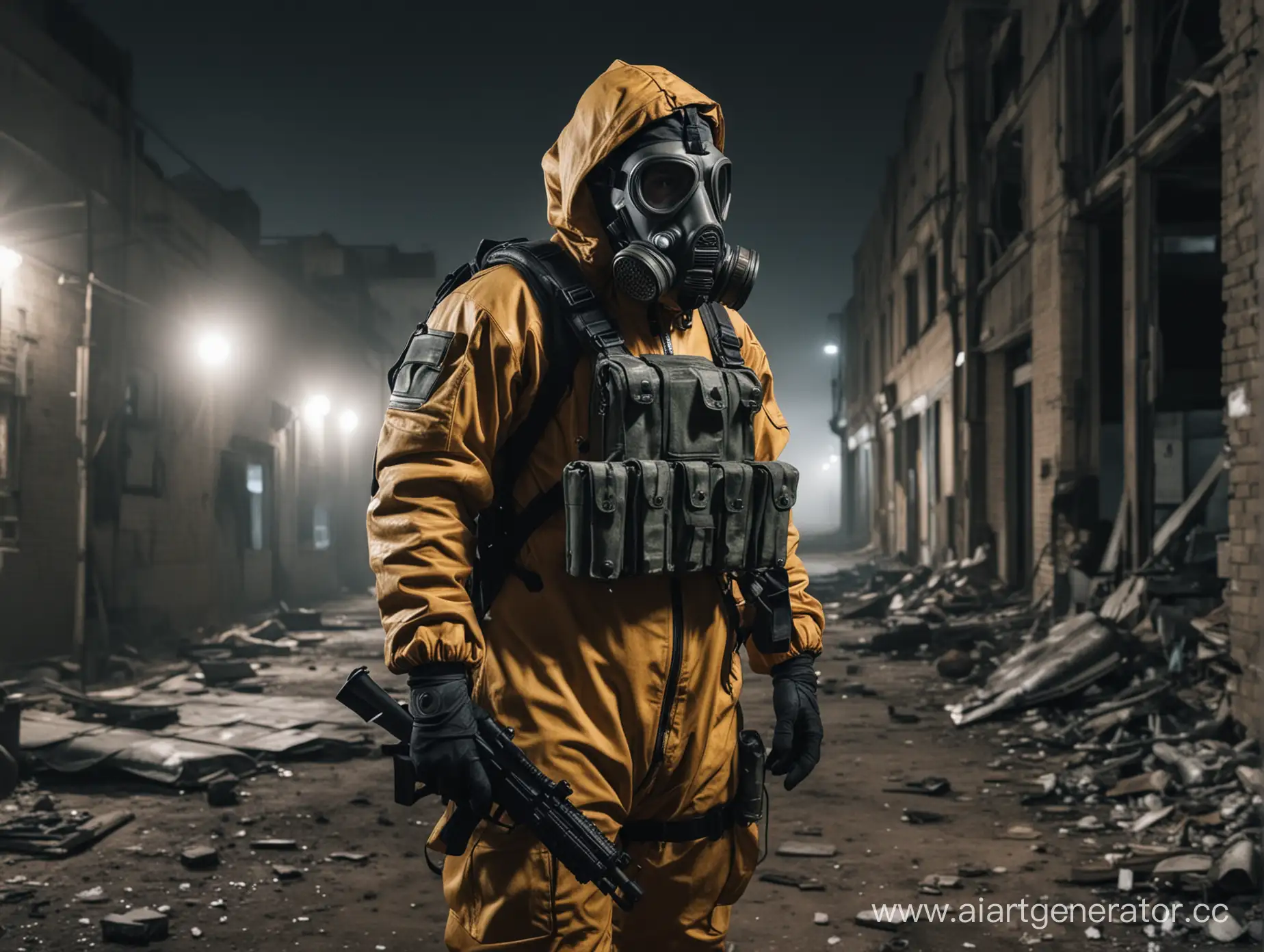 Человек в хим. защитном костюме, стоит в противогазе, в заброшенном ночном городе с м4а1 в руках, сзади него рюкзак 