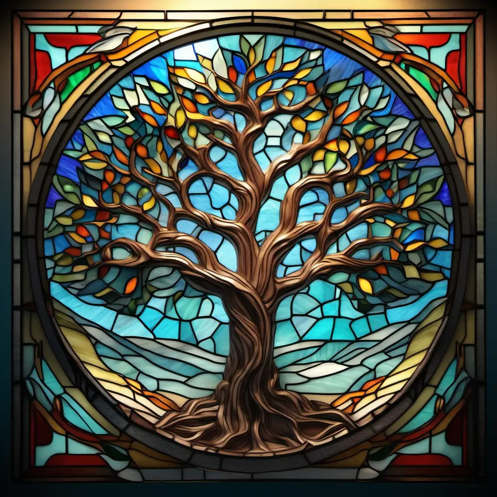 A captivating conceptual art piece featuring a 3D seamless pattern stained glass unframed Tree of Life, inspired by the Tiffany style. The tree is intricately detailed, with vibrant colors and multiple branches reaching out, symbolizing connection and growth. The overall composition has a three-dimensional effect, giving depth to the stained glass design. The background features a subtle blend of colors, enhancing the tree's radiance and making it the focal point of the artwork., 3d render, conceptual art, vibrant