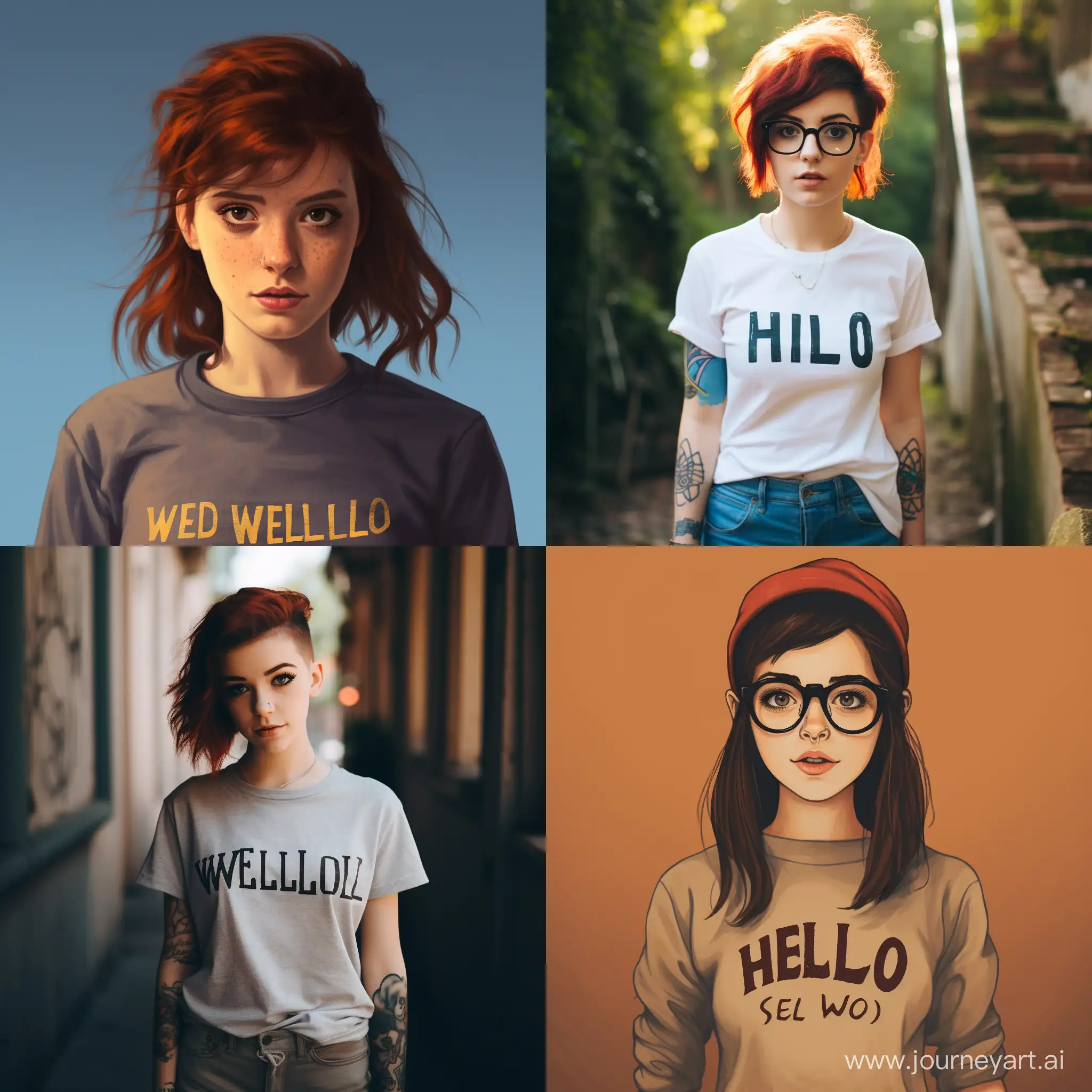 a girl wearing a shirt that says "hello world"