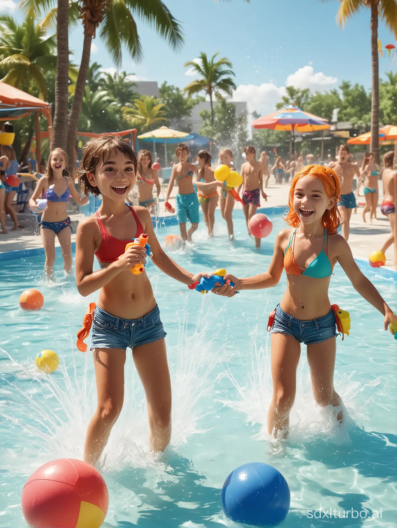 Cartoon boys and girls playing in the water park, having a water fight together with water guns and beach balls.