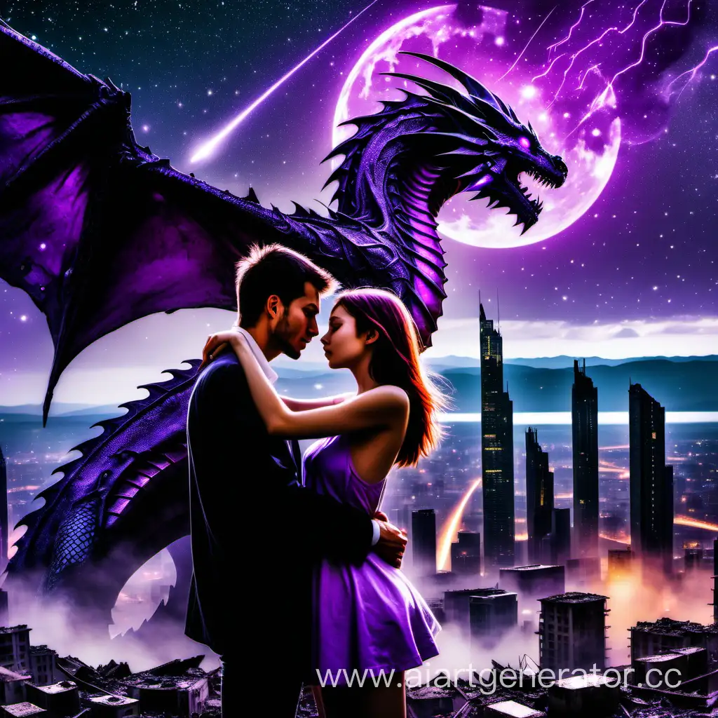 Парень с девушкой  в обнимку в разрушенном современном городе на фоне фиолетового дракона во время звездопада
