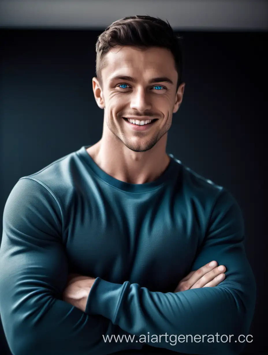 A muscular man, a young guy, with blue eyes, dark hair and stubble. Wearing a tight-fitting sweatshirt. Smiles. Charismatic. hair is long and thick. Waist-high