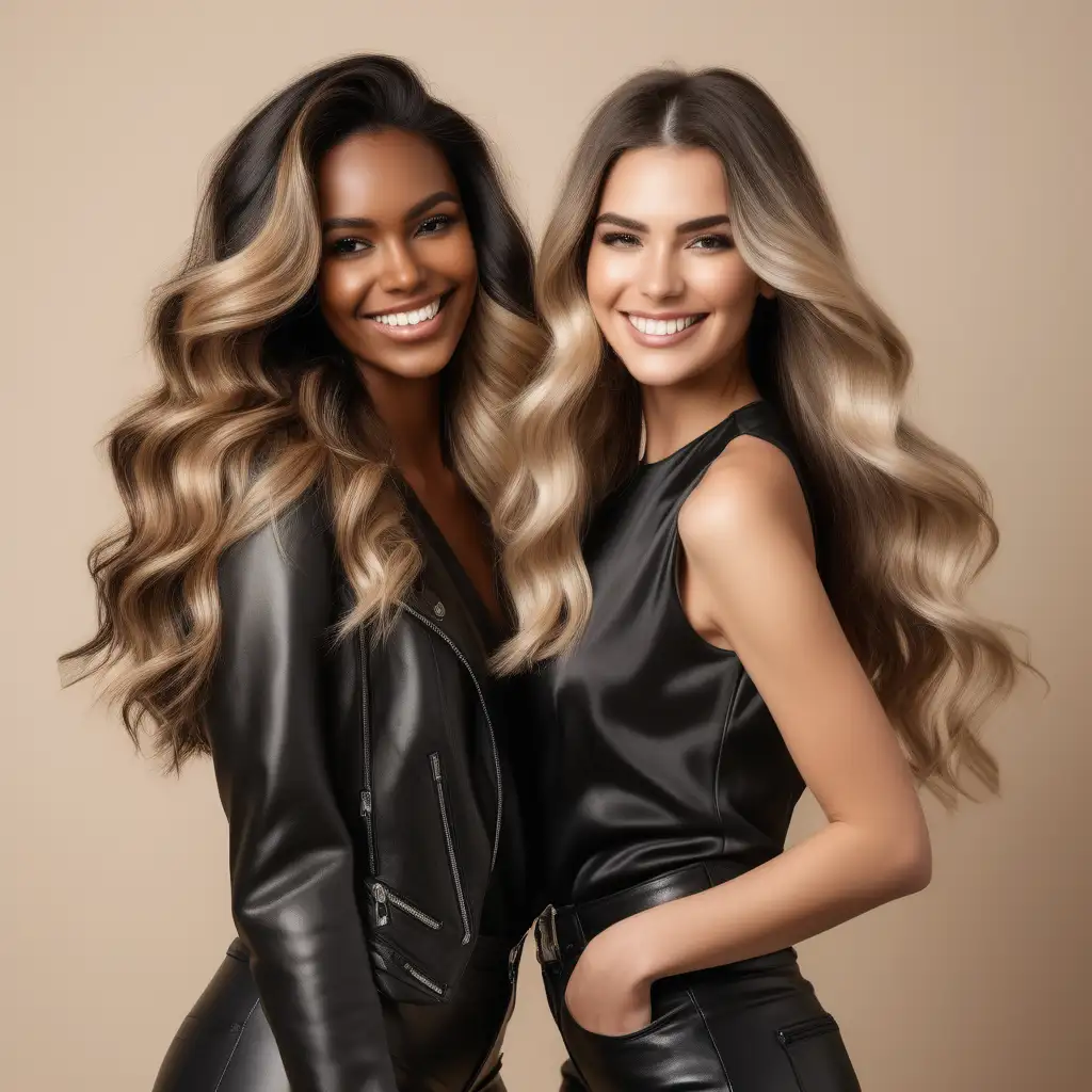 photoshoot with beige background of two hair models smiling, one with darker skin and one with long dimensional balayage wavy hair wearing upscale silk and black leather, smiling and posing like rockstars