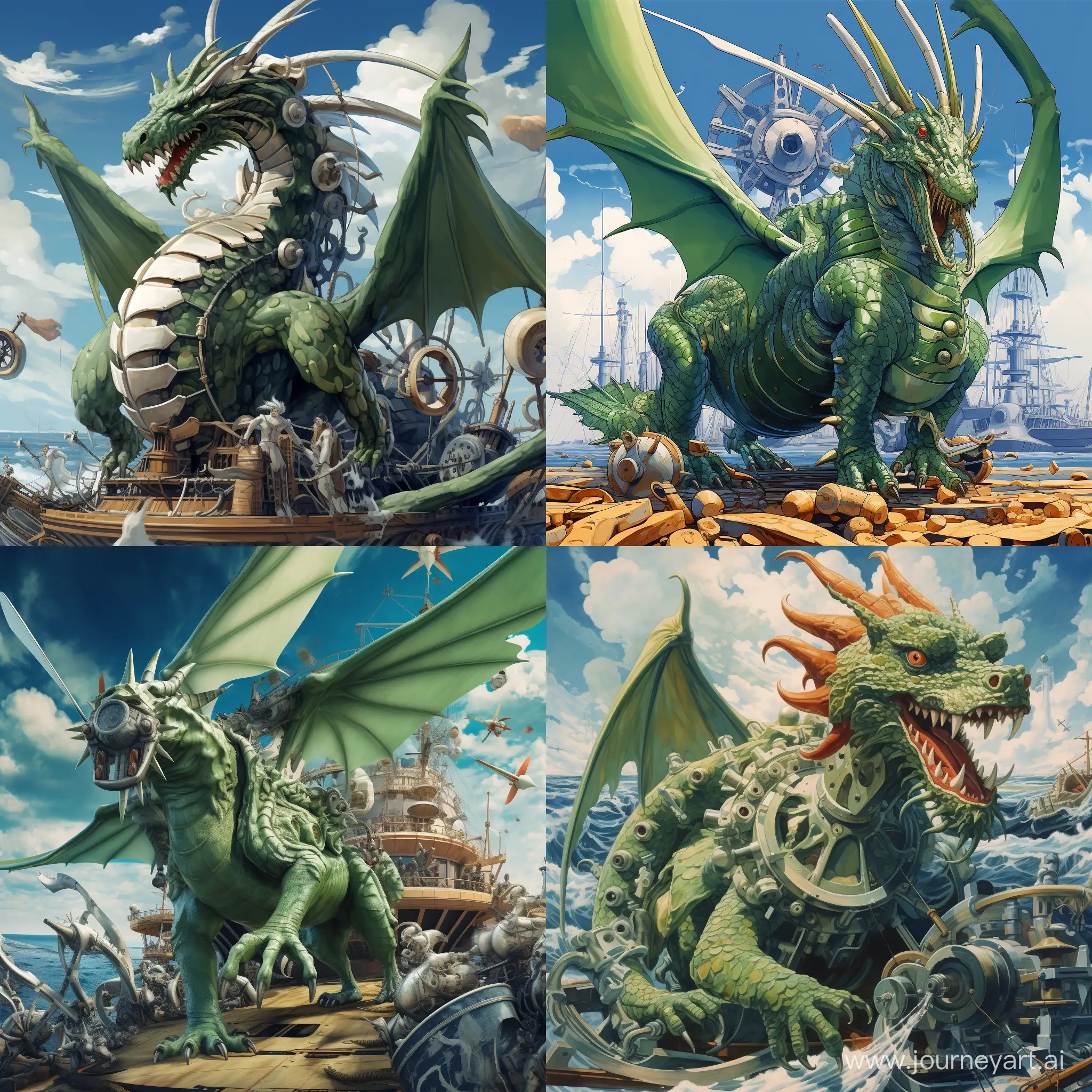 Majestic-Green-Dragon-Soars-Over-Military-Ship-with-Skilled-Mechanics