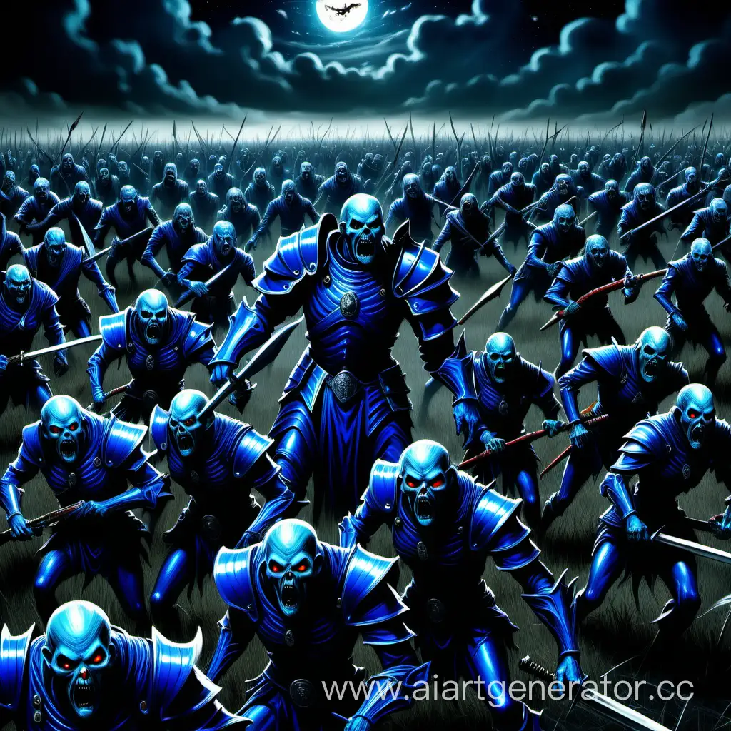 армия людей в синей броне сражается с армией гулей ночью в поле