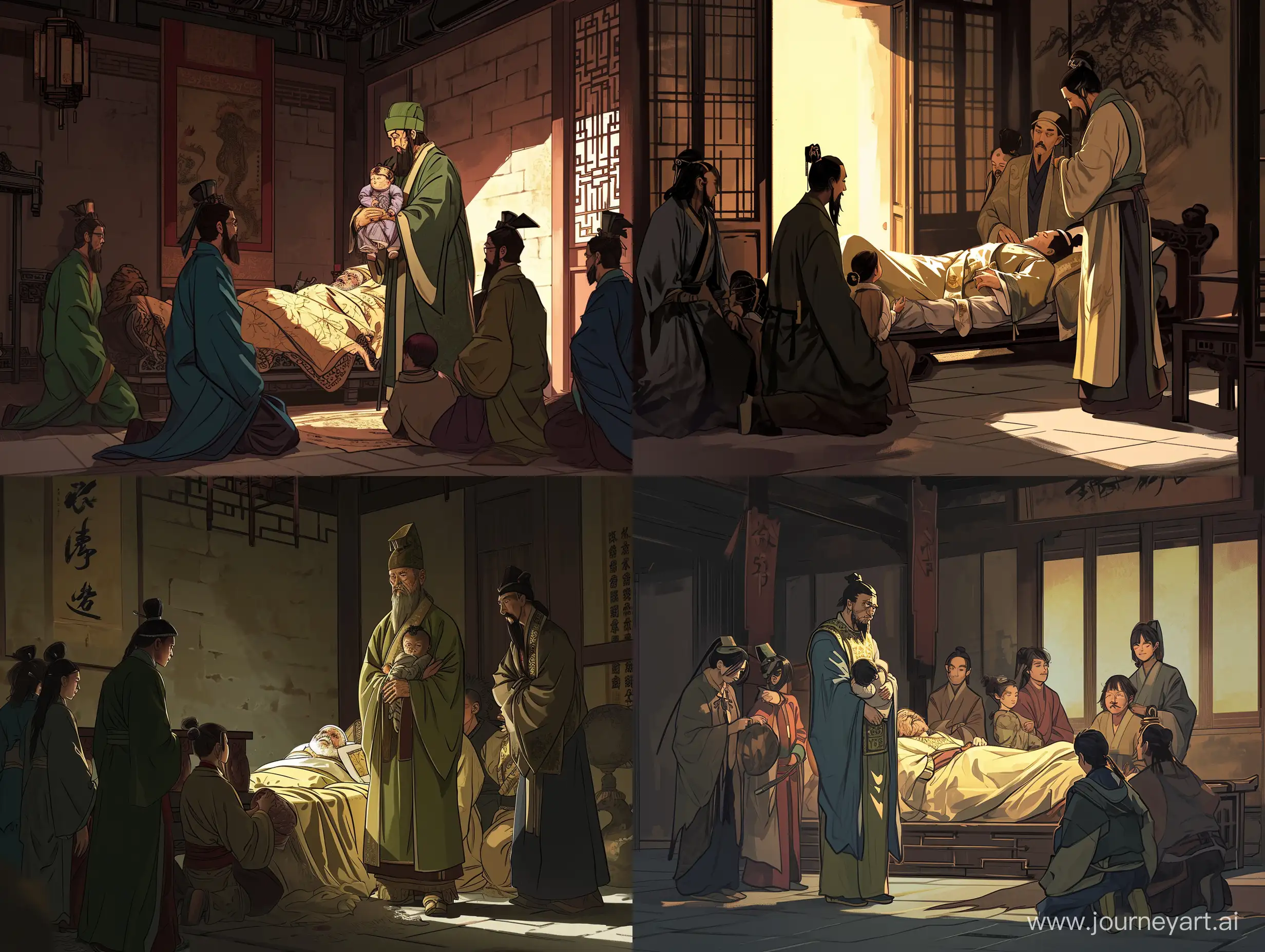 昏暗的房间里，老皇帝躺在床上，一位大臣抱着一个小孩子站着，其余的大臣跪着，古风，东方美学，高级感，中国风，水墨画风格，漫画风，二次元，大师之作，4k高清，古代服装头饰。