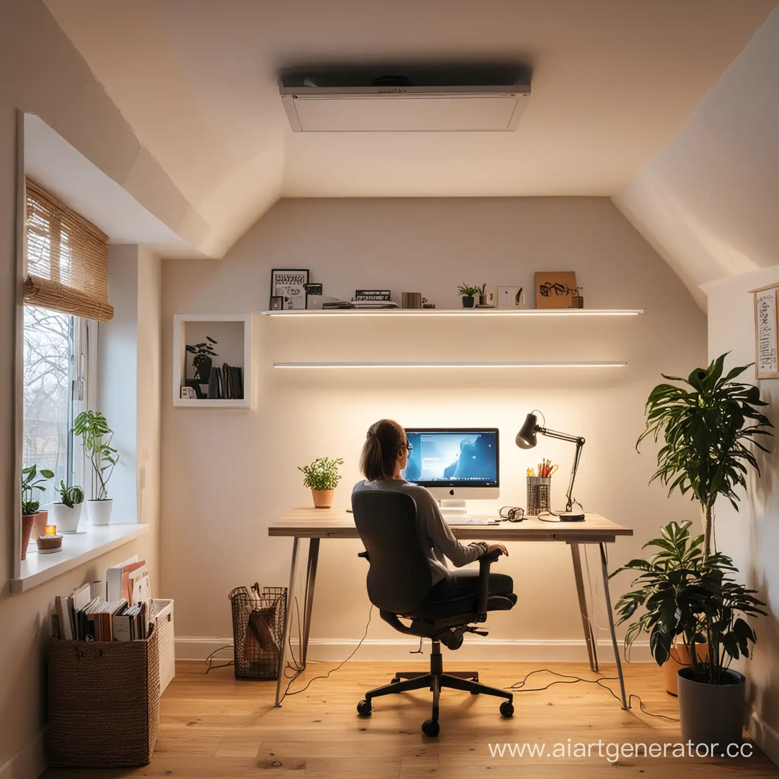 Фрилансер работает из дома за компьютерным столом, сверху натяжной потолок с хорошим освещением 