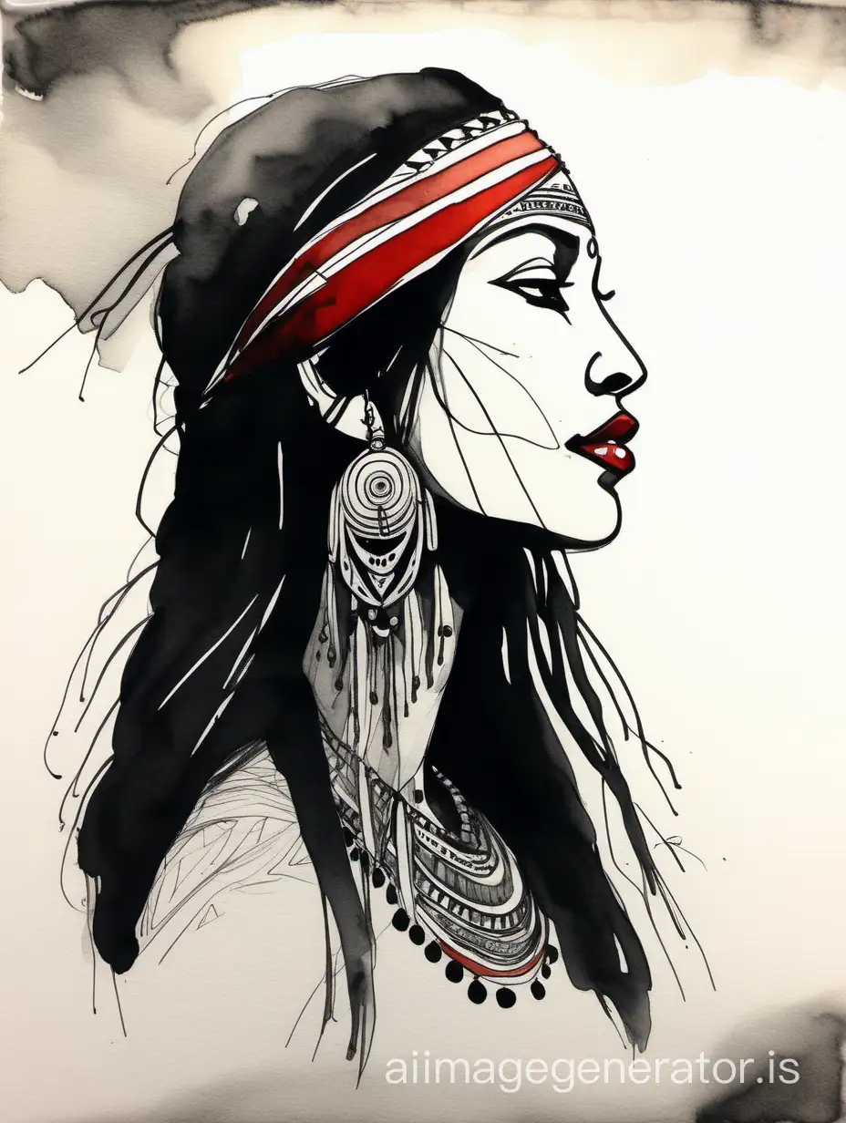 ink sketch royal portrait indian shaman woman with black long hairs, profile on the right side, white line, red lips, clean black background, minimalist line art, one continuous smooth line, very simple, noir style. ink wash, aquarelle, watercolor style.