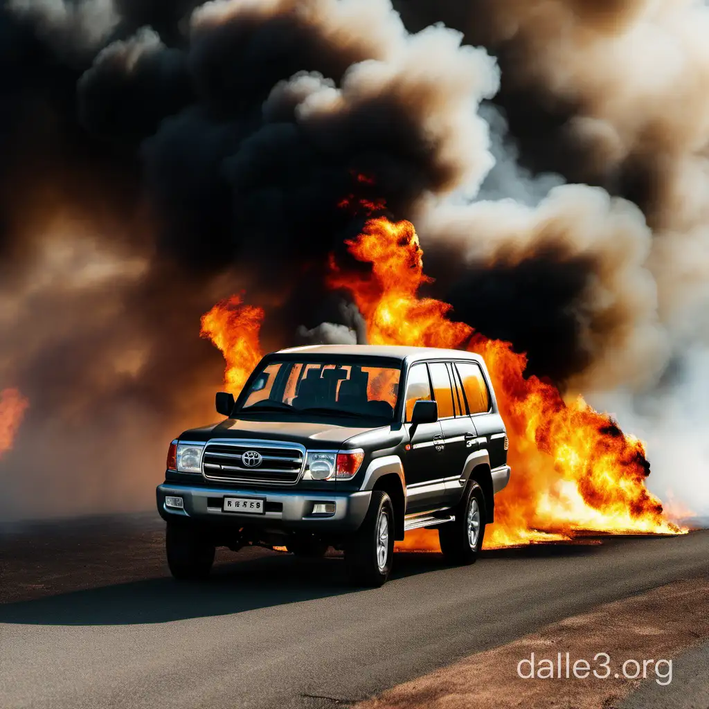 Toyota Land Cruiser with the background of fire and smoke on the asphalt