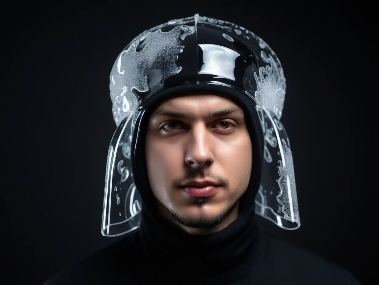 шапка ушанка   в стиле  прозрачный гель  , лава гель ,прозрачная   текучая масса, на голове человека фотосессия  в  русском стиле