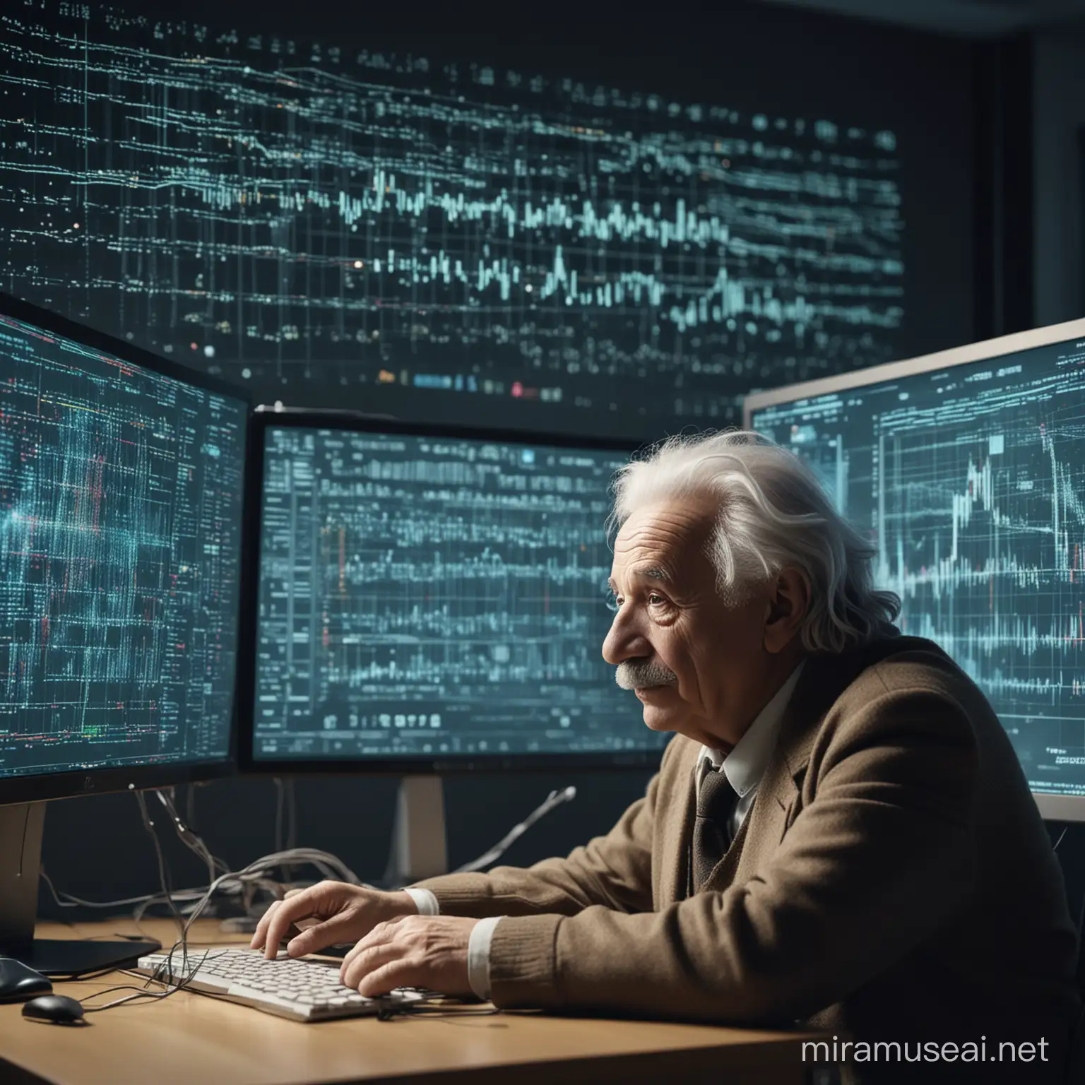 Albert Einstein as programmer looking at a digital monitor in the air where a code is being projected, surrounded by monitors displaying lines of code and data visualizations, Photography, realistic style, Colorful, more technologies